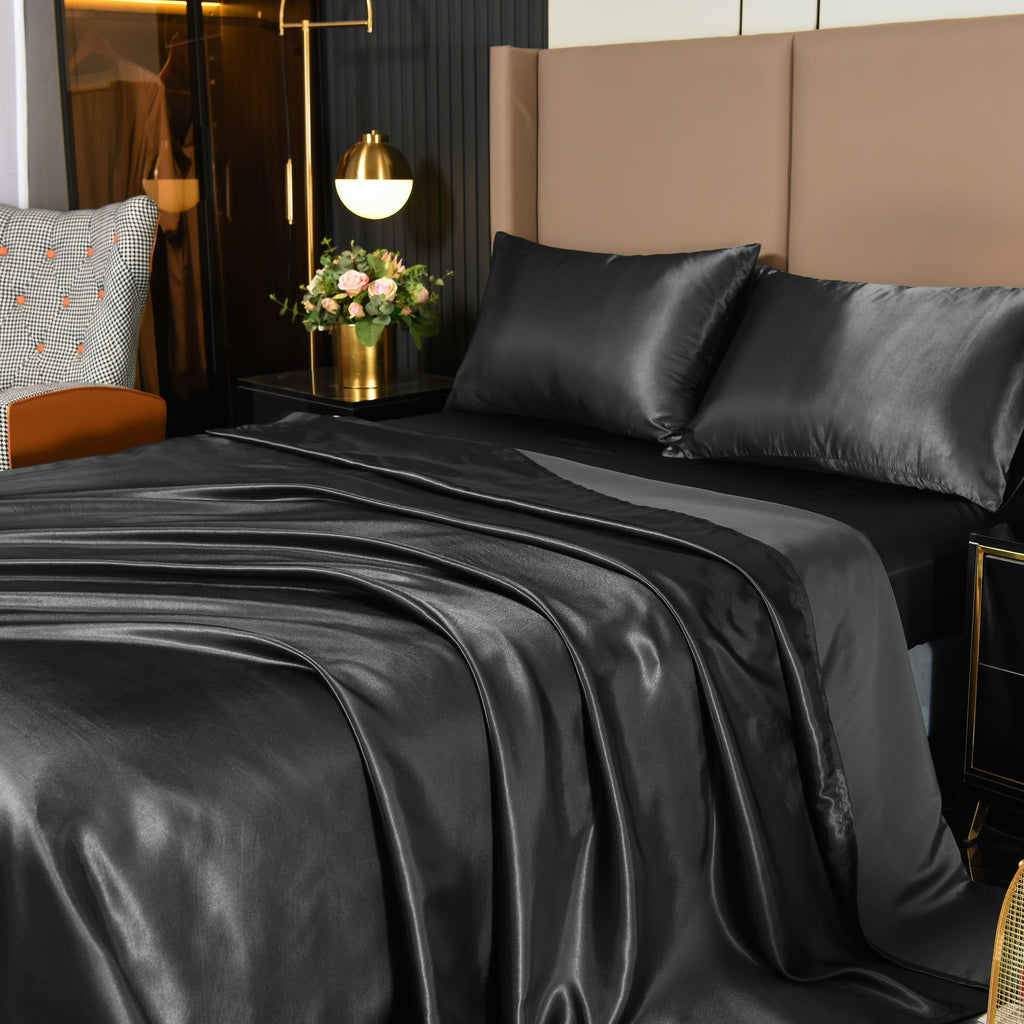 Wrinkle-Resistant 4Pcs Black Satin Sheets Queen Set Silk Sheets 13" Deep Pocket Ultra Soft silky Bed Sheet Set - Breathable Egyptian Cotton Flat & Fitted Sheets - Default Title