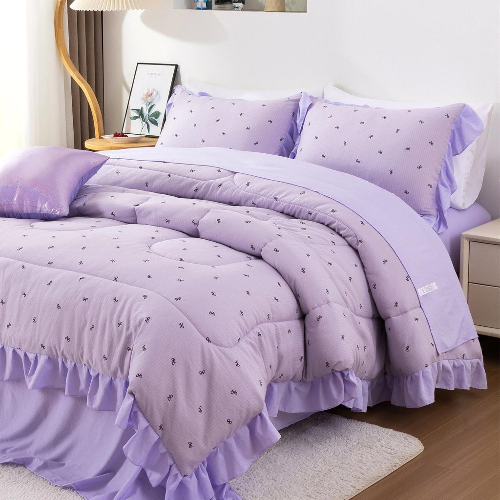 Heavyweight Warmth 6 Piece Delicate Bows Purple Bedding Set Ruffle Princess Style Comforter Set Bed in a Bag - All-Season Down Alternative Comforter Insert - Default Title