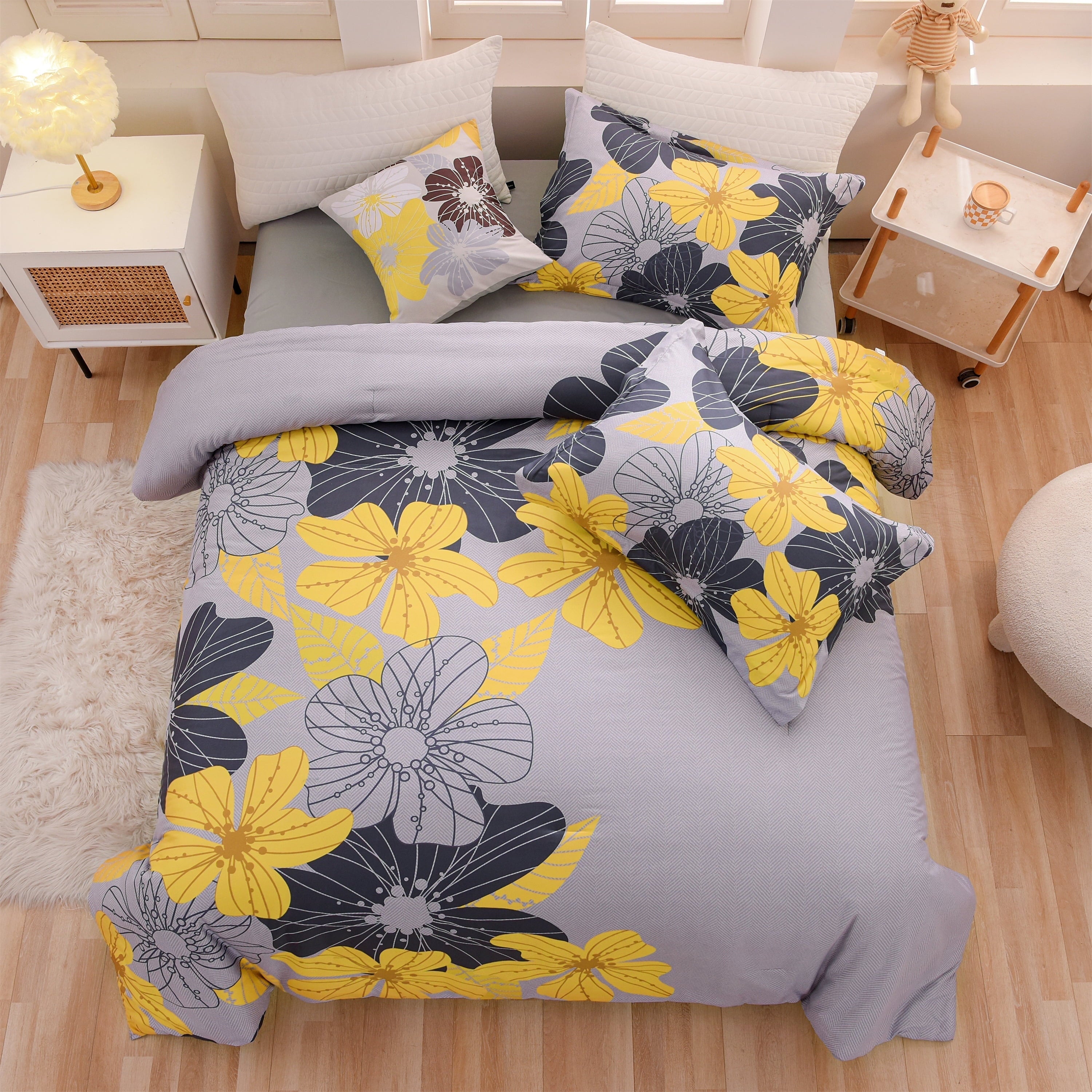 Heavyweight Warmth Yellow Floral Comforter Set Queen Flower Bed Set Adult Soft Botanical Boho Bedding Set - Luxurious Quilted Duvet Cover Set - Default Title