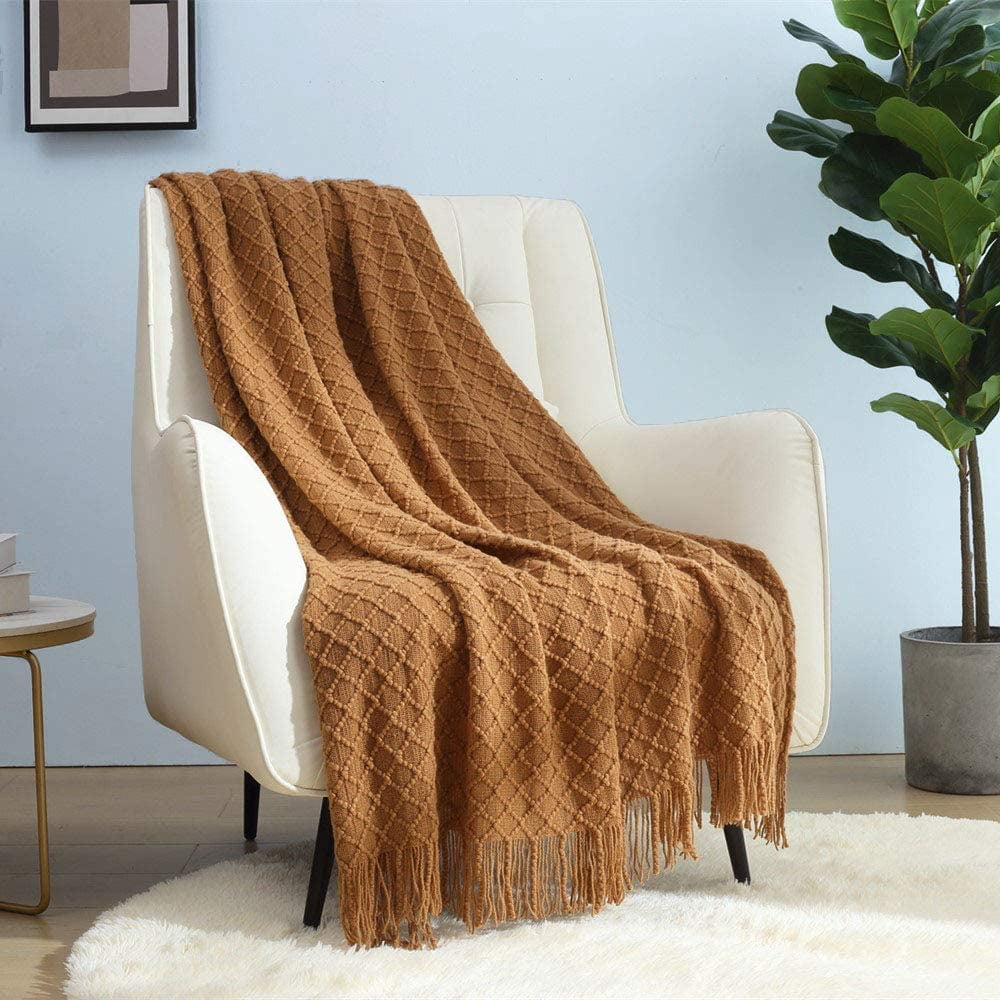 Decorative Knitted Home Decor Rustic Couch Sofa Chair Bed Throw Blanket, Soft Warm Light Weight in Spring Summer (50''X60'' Brown) - Luxury Knitted Decorative Throw Blanket with Fringes - Default Title