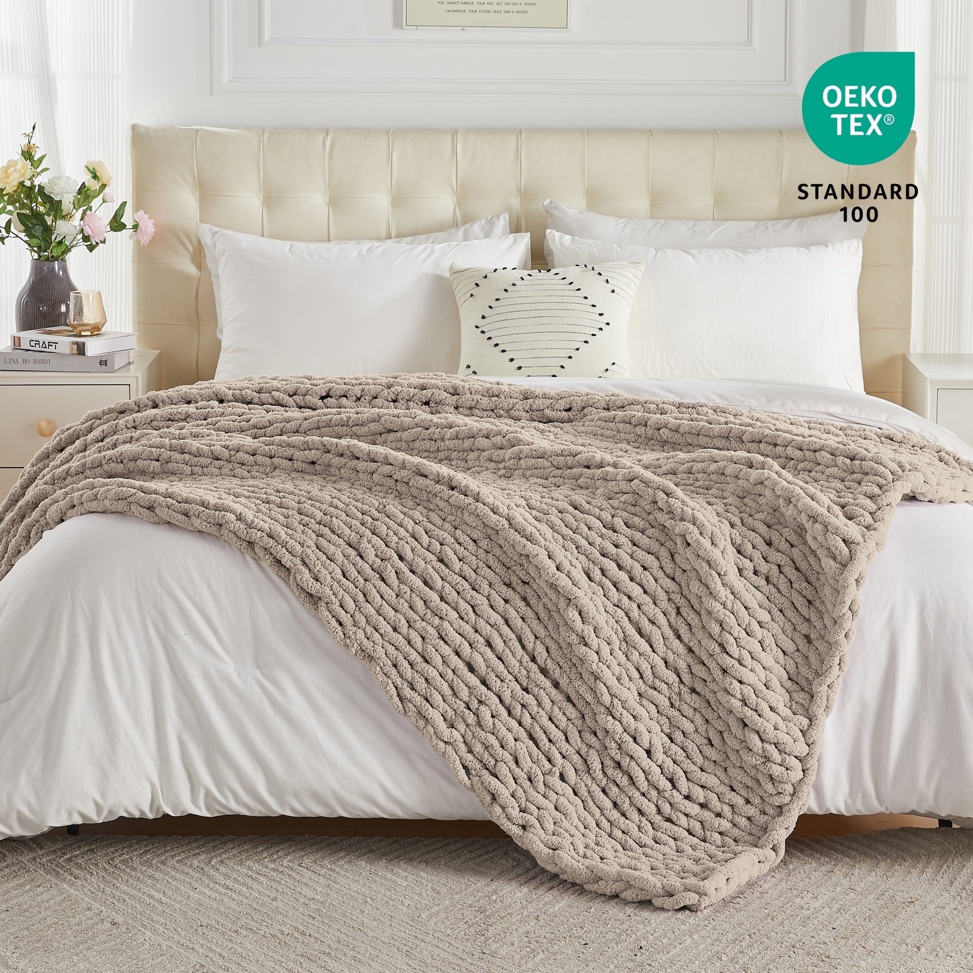 Cozy Fleece Chunky Knit Throw Blanket Handmade Soft Throws for Couch Sofa Bed, 50" x 60" Taupe - Cozy Fleece Throw Blanket for Couch & Bed - Default Title
