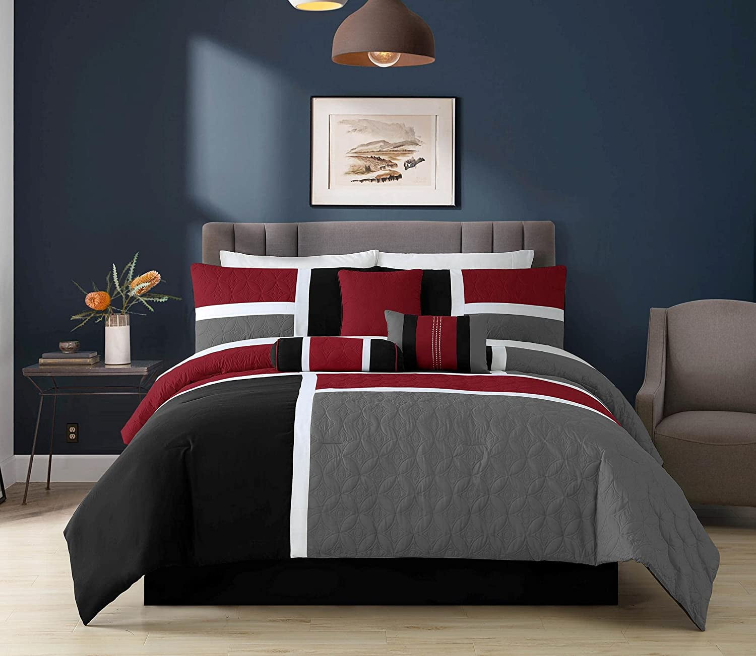 Luxurious Quilted 7-Piece Medallion Patchwork Comforter Set, Full, Red/Gray/Black - Cloud-Like Soft Lightweight Bed Comforter - Default Title