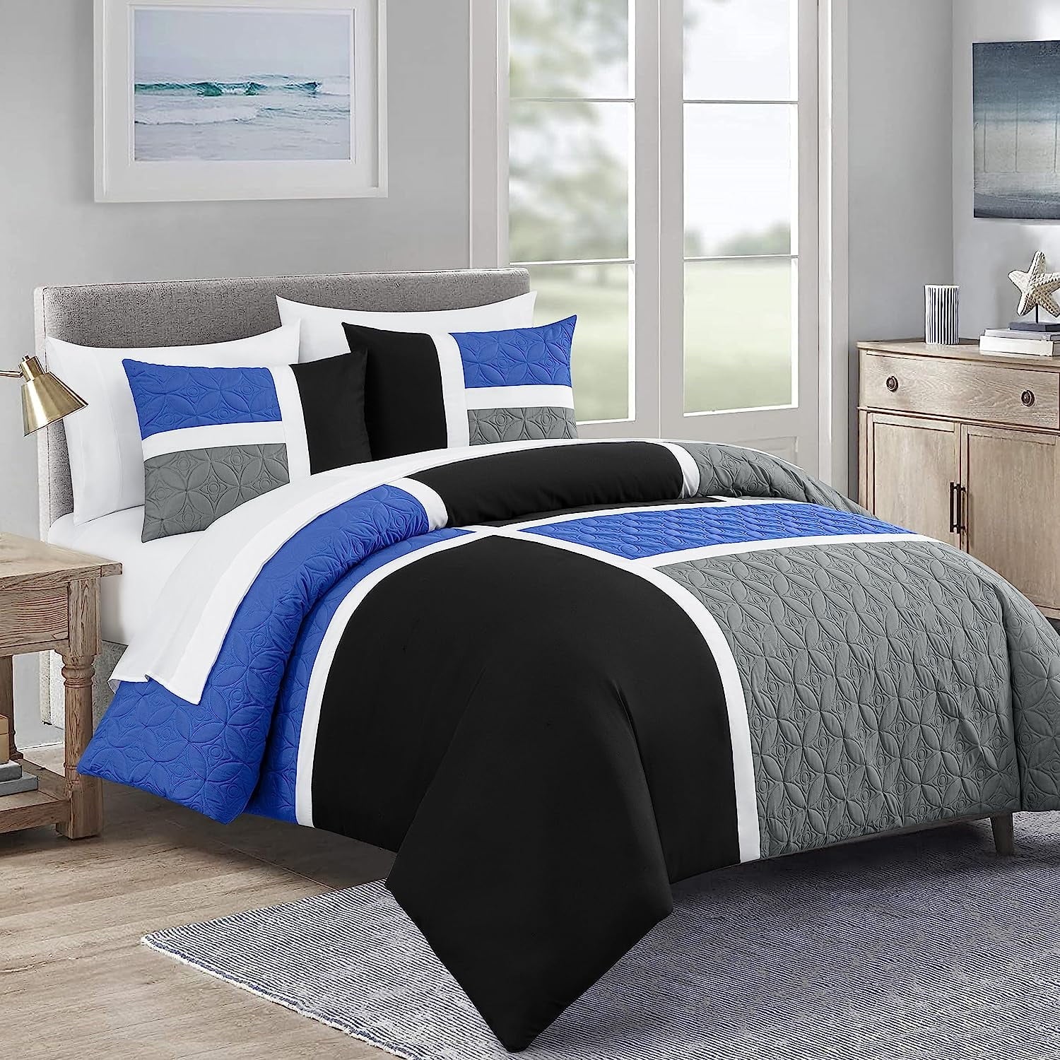 Luxurious Quilted Bernard 7-Piece Full Bed in a Bag Comforter Set with Sheets, Lightweight Comforter Blue Black Gray Patchwork Quilted ... - Luxurious Quilted Duvet Cover Set - Default Title