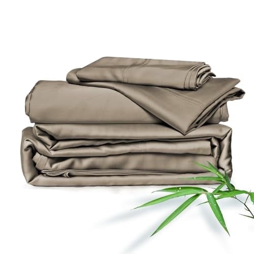Cooling Sateen Home 4-Piece Queen Bamboo Bed Sheet Set, 100% Organic Cooling Fabric, 16" Deep Pocket, Taupe - Luxury Bed Sheet Set with Deep Pockets - Default Title
