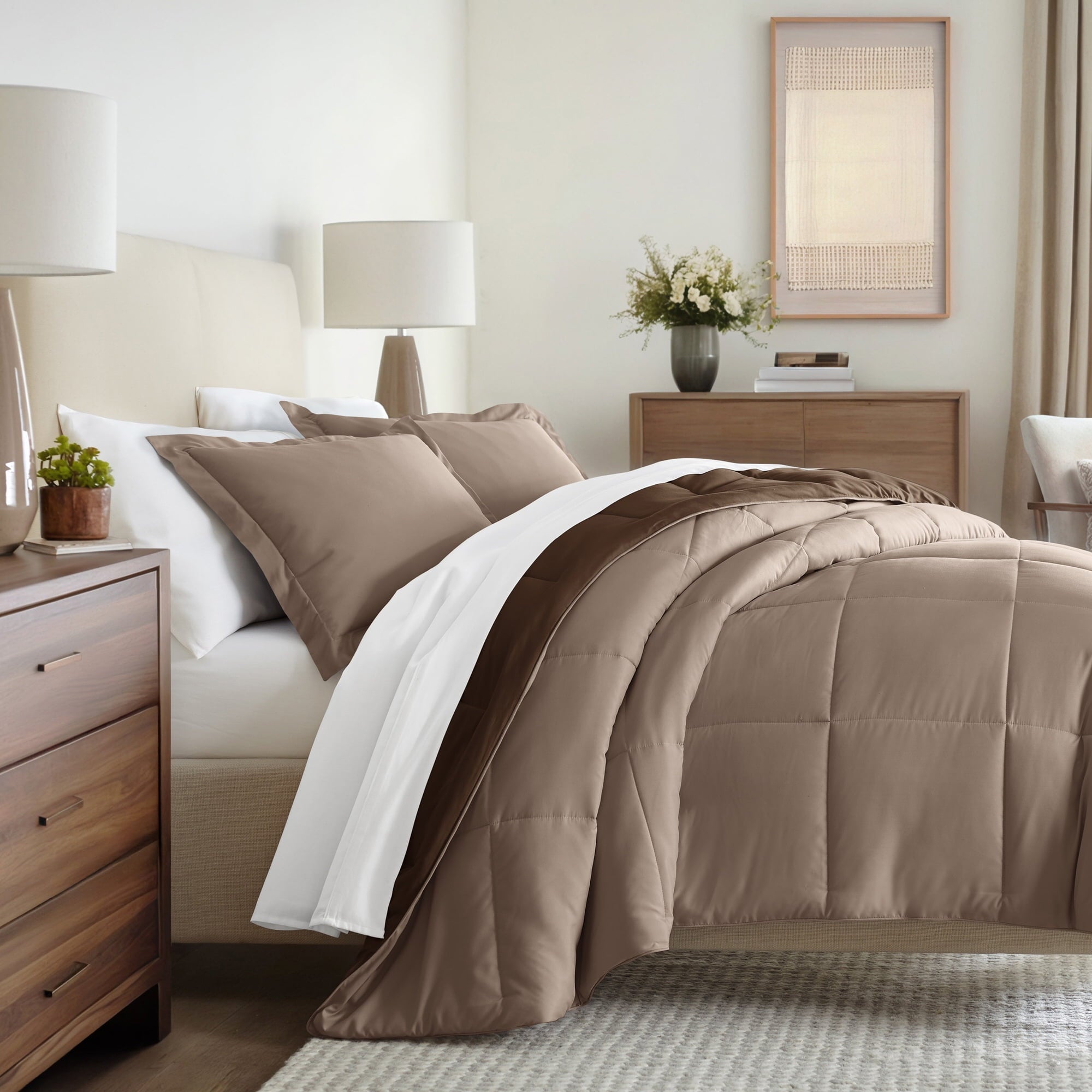 Fluffy Down Alternative All Season Reversible Comforter Set Breathable Cool in Taupe & Chocolate Brown Full/Queen Size Bedding - All-Season Down Alternative Comforter Insert - Default Title