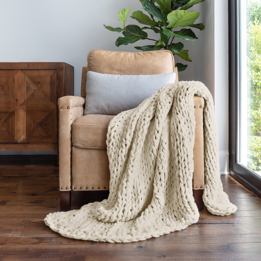 Cozy Fleece Soft & Cozy Chunky Hand-Knit Throw Blanket, Ivory - Luxury Knitted Decorative Throw Blanket with Fringes - Default Title