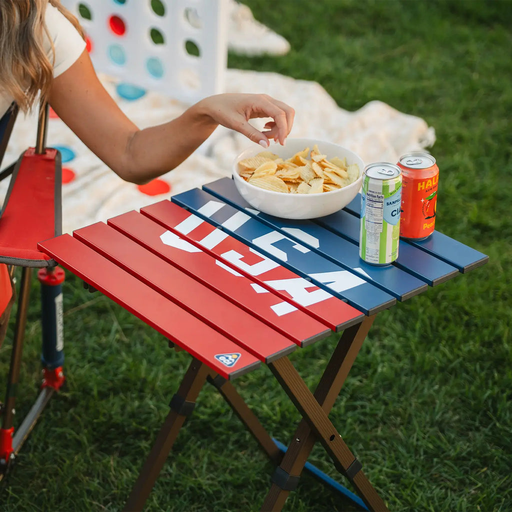Portable Staging Compact Camp Table 20 - USA Anniversary Deluxe - Choice 757 - Slim-Fold Outdoor Cook Station with Storage Shelves Detail