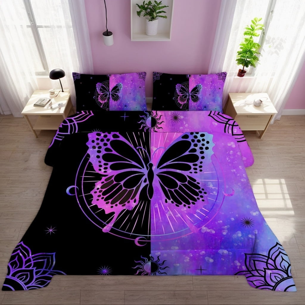 All-Season Butterfly Comforter Set Full Size for Girls Kids Teens Black Blue Purple Tie Dye Bedding Set 3 Pieces - Luxurious Quilted Duvet Cover Set - Default Title