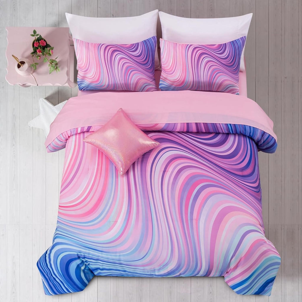 Luxurious Quilted 6 Pieces Gradient Star Ring Comforter Set, Colorful Glitter Rainbow Wave Stripes Pattern Bedding Set for Boys Girls T... - All-Season Down Alternative Comforter Insert - Default Title