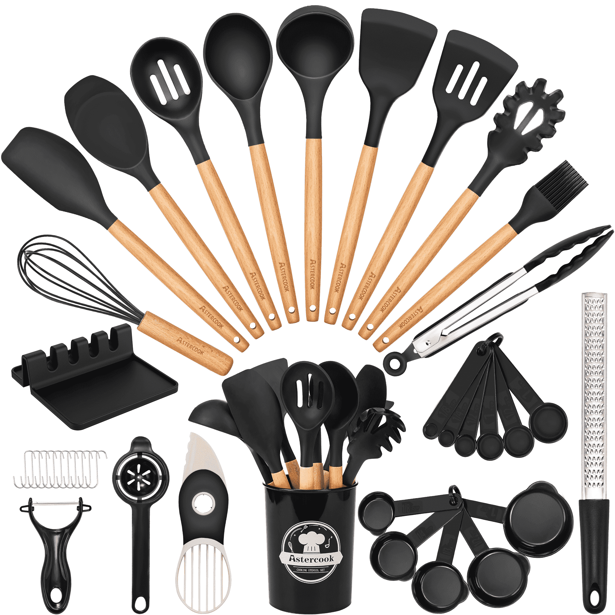 Non-Stick Safe Silicone Cooking Utensils Set, 38 PCS Kitchen Utensils Set for 446°F Heat Resistant, Food Grade Utensil Sets with Woo... - Premium Stainless Steel Cooking Utensil for Non-Stick Pots - Default Title