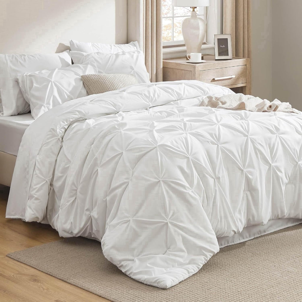 Luxurious Quilted White Queen Comforter Set- 7 Pieces Pintuck Bedding Set with Comforters, Sheets, Pillowcases & Shams - Luxurious Quilted Duvet Cover Set - Default Title