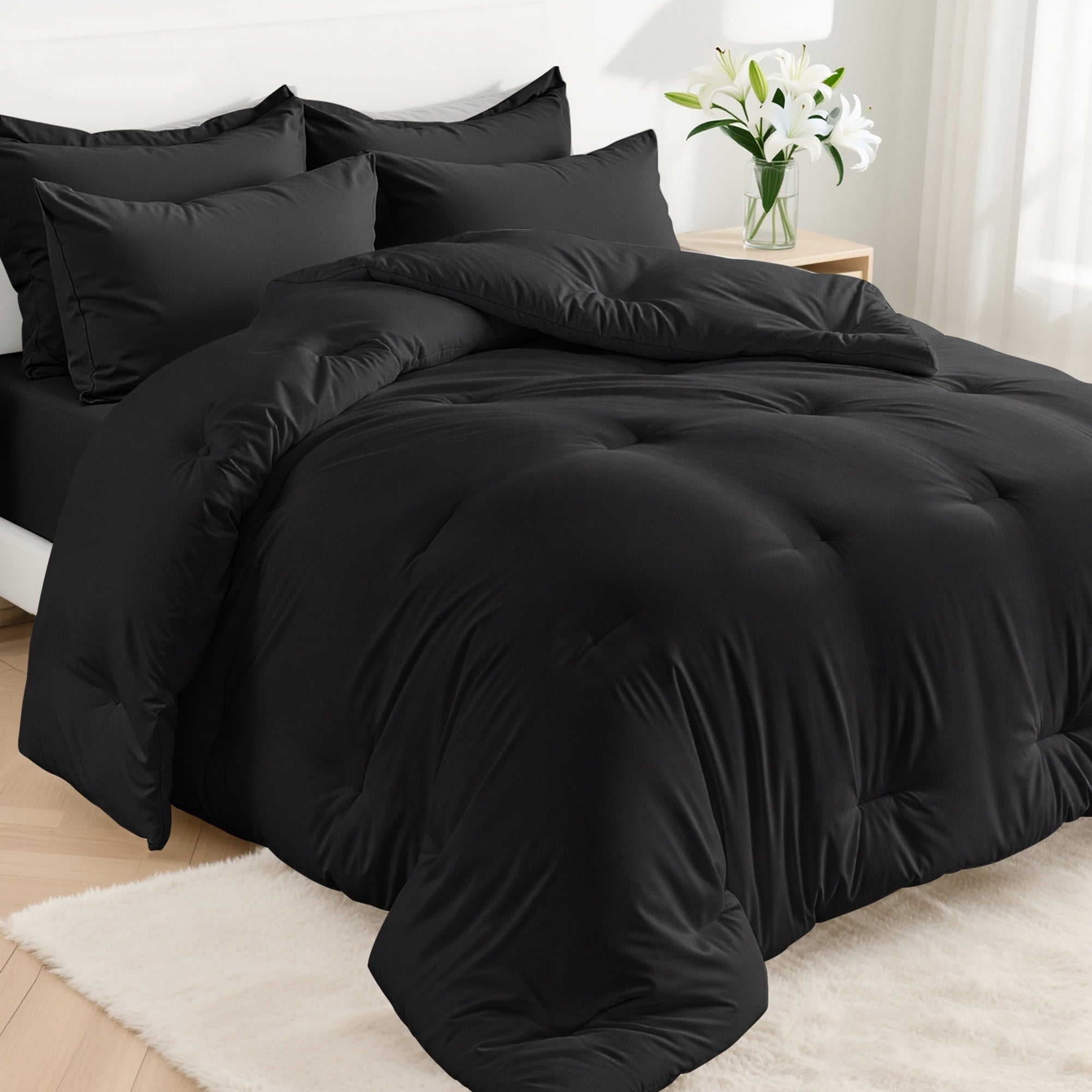 Fluffy Down Alternative 5-Piece Bed in Bag - Twin Size Comforter Sets, Pillowcases & Sheet Collection for Cozy Bedding Sets Black - Luxurious Quilted Duvet Cover Set - Default Title