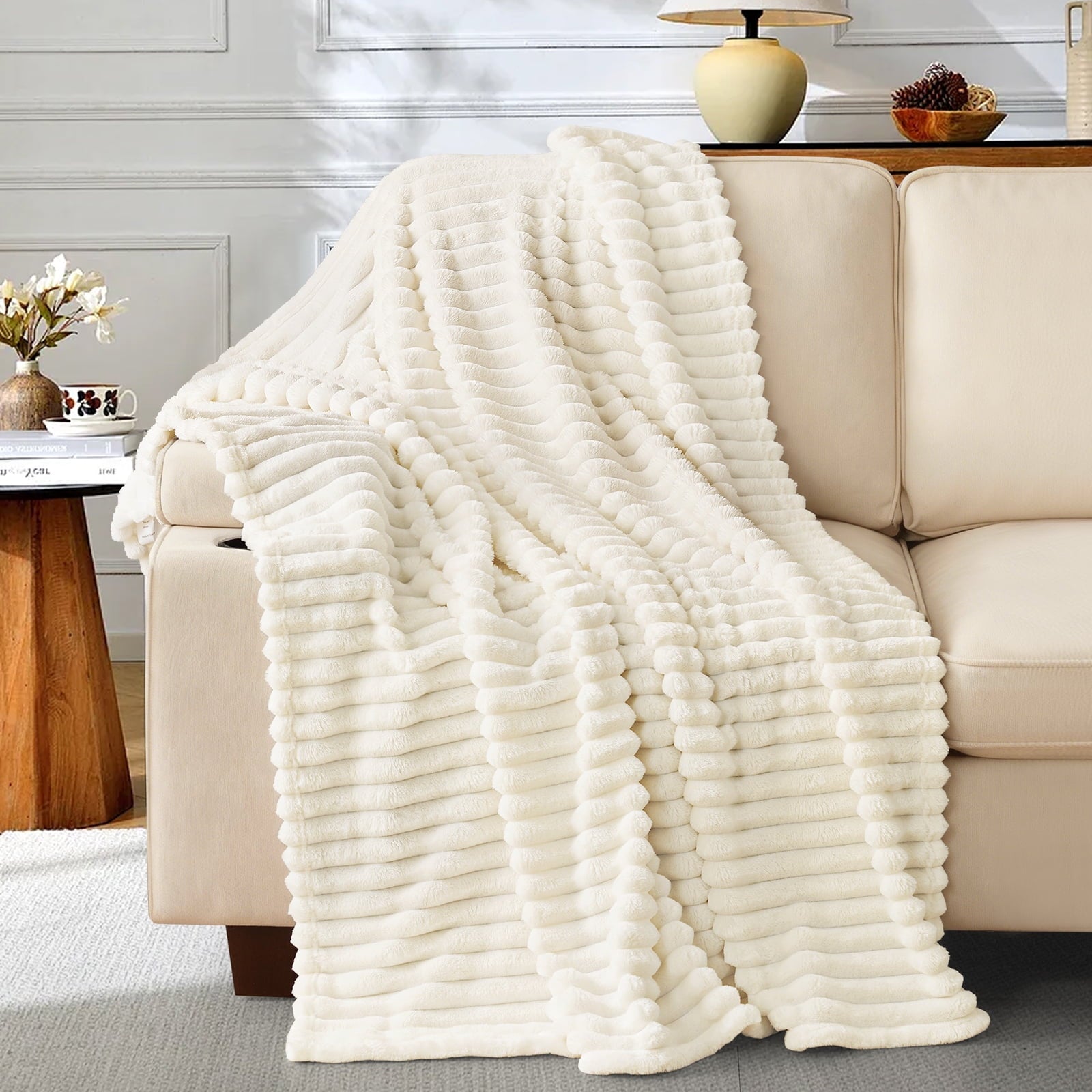 Reversible Sherpa White Fleece Throw Blanket for Couch, Super Soft Cozy Blankets and Throws, Decorative Fleece Blankets for Women Men G... - Luxury Knitted Decorative Throw Blanket with Fringes - Default Title