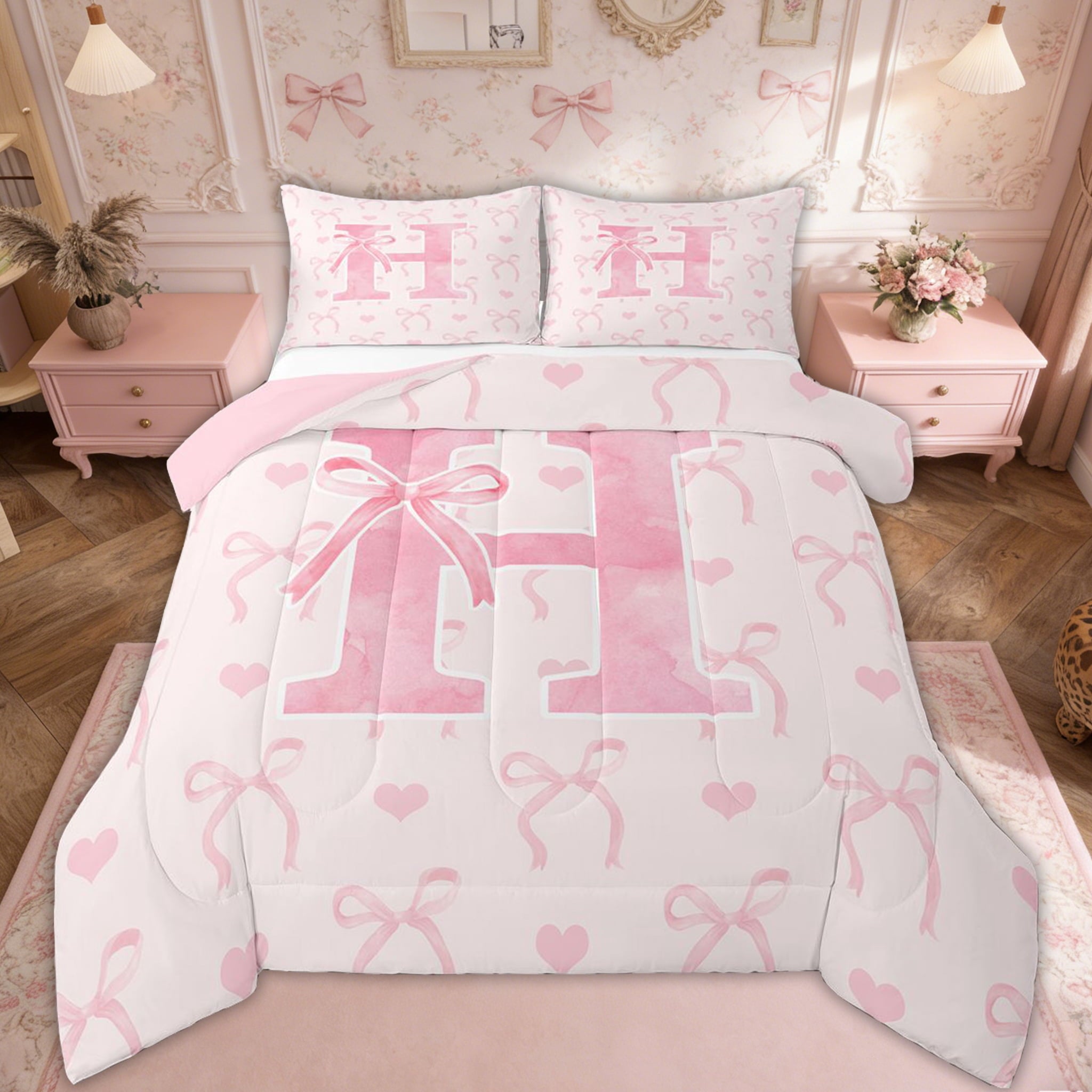 Heavyweight Warmth Kawaii Bowknot Bedding Sets Full with Comforter, Initial H Duvet Insert, Romantic Initial A-Z Decor, Reversible - Luxurious Quilted Duvet Cover Set - Default Title