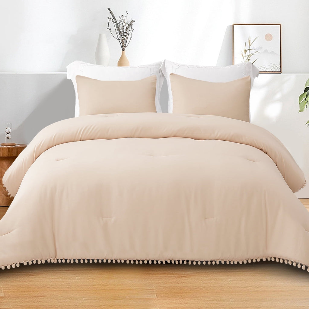 Hypoallergenic Cloud Boho Pom Pom Ball Fringe King Size Comforter Set, 3 Pieces Beige Lightweight Down Alternative Bedding Comforter Sets ... - Hypoallergenic Ultra-Fluffy Quilt for Winter - Default Title