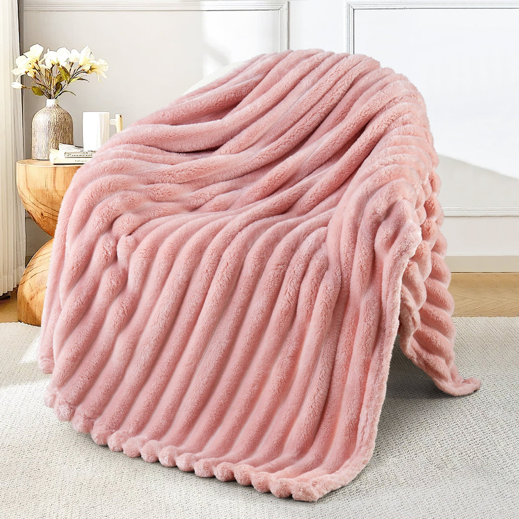 Decorative Knitted Fleece Throw Blanket for Couch, Super Soft 3D Striped Jacquard Blanket, Lightweight Fuzzy Cozy Blankets, Pink, 50"x60" - Cozy Fleece Throw Blanket for Couch & Bed - Default Title