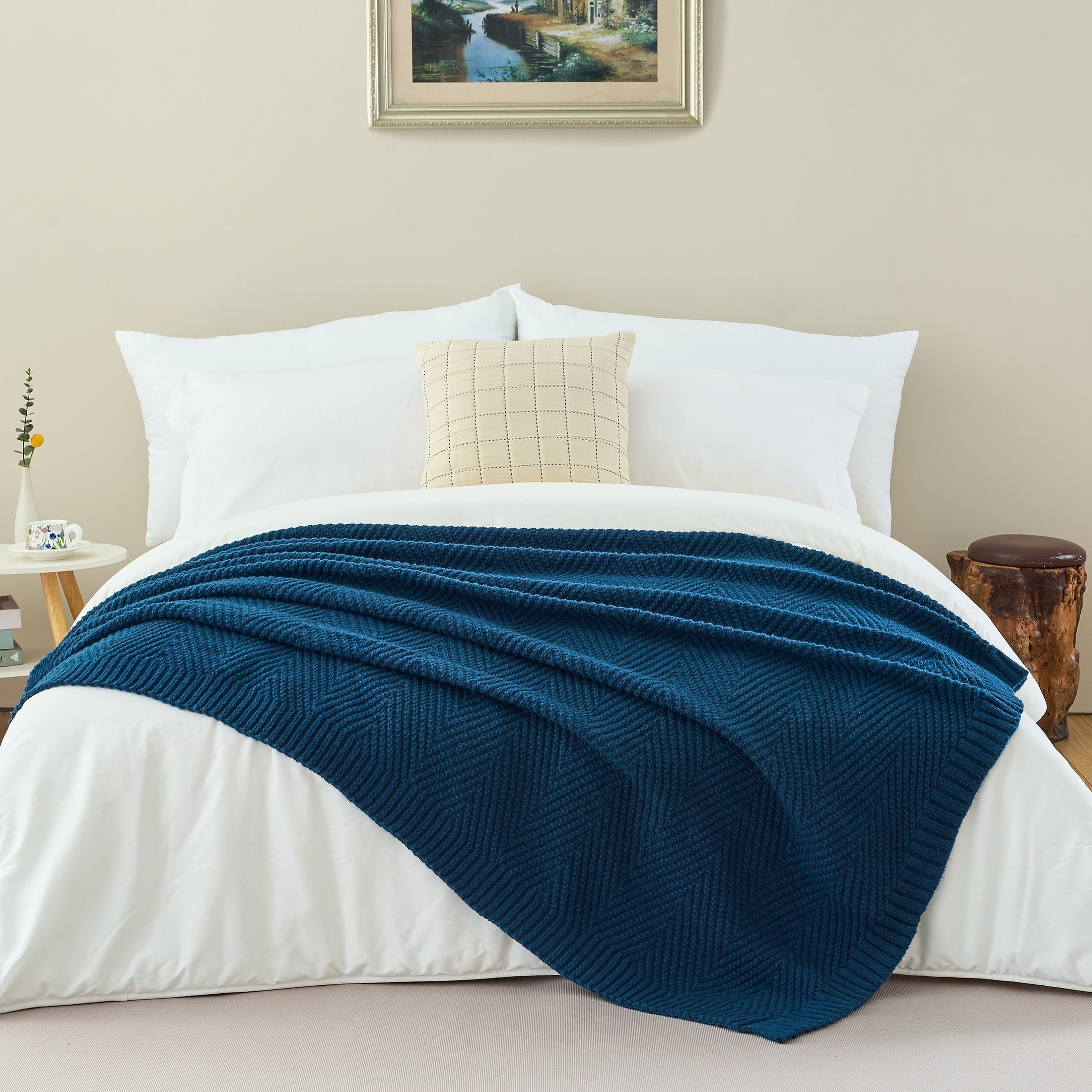 Cozy Fleece Soft Knitted Throw Blanket 50" x 60" Navy Blue, Boho Chevron Farmhouse Throw for Bed Couch - Luxury Knitted Decorative Throw Blanket with Fringes - Default Title