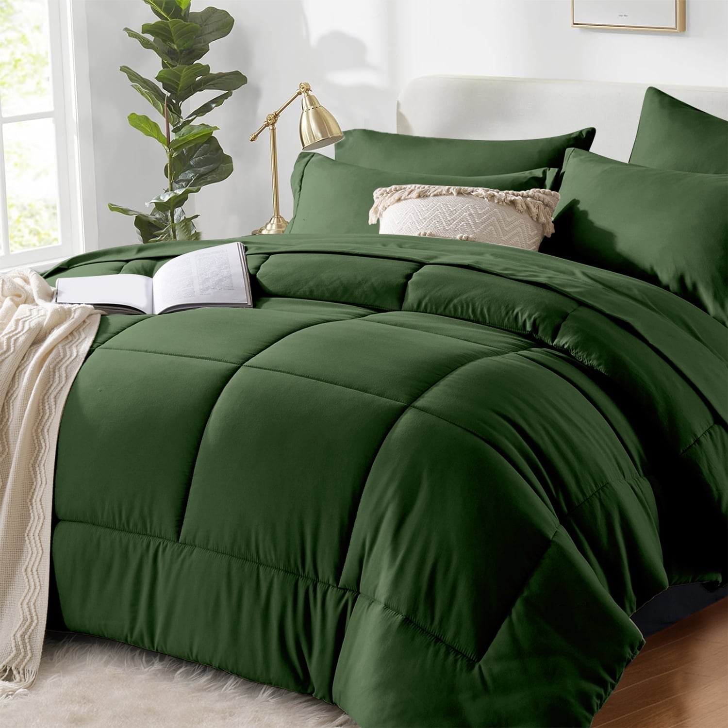 Hypoallergenic Cloud Queen Comforter Set Forest Green Bed in a Bag Queen Size 7 Pieces Soft Bed Set Lightweight Microfiber Green Bedding C... - All-Season Down Alternative Comforter Insert - Default Title