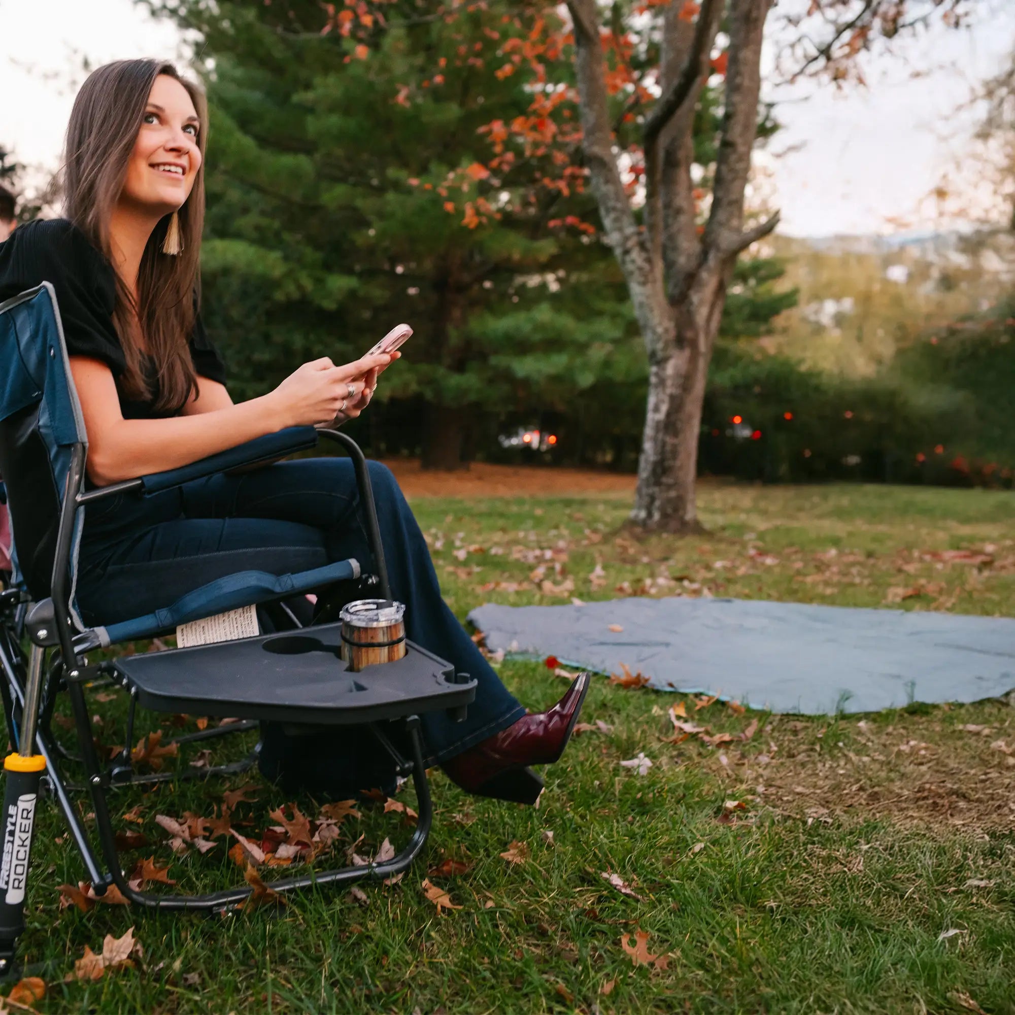 Premium All-Weather Freestyle Rocker with Side Table - Choice 853 - Heavy-Duty Kickback Rocker with Beverage Holder Detail