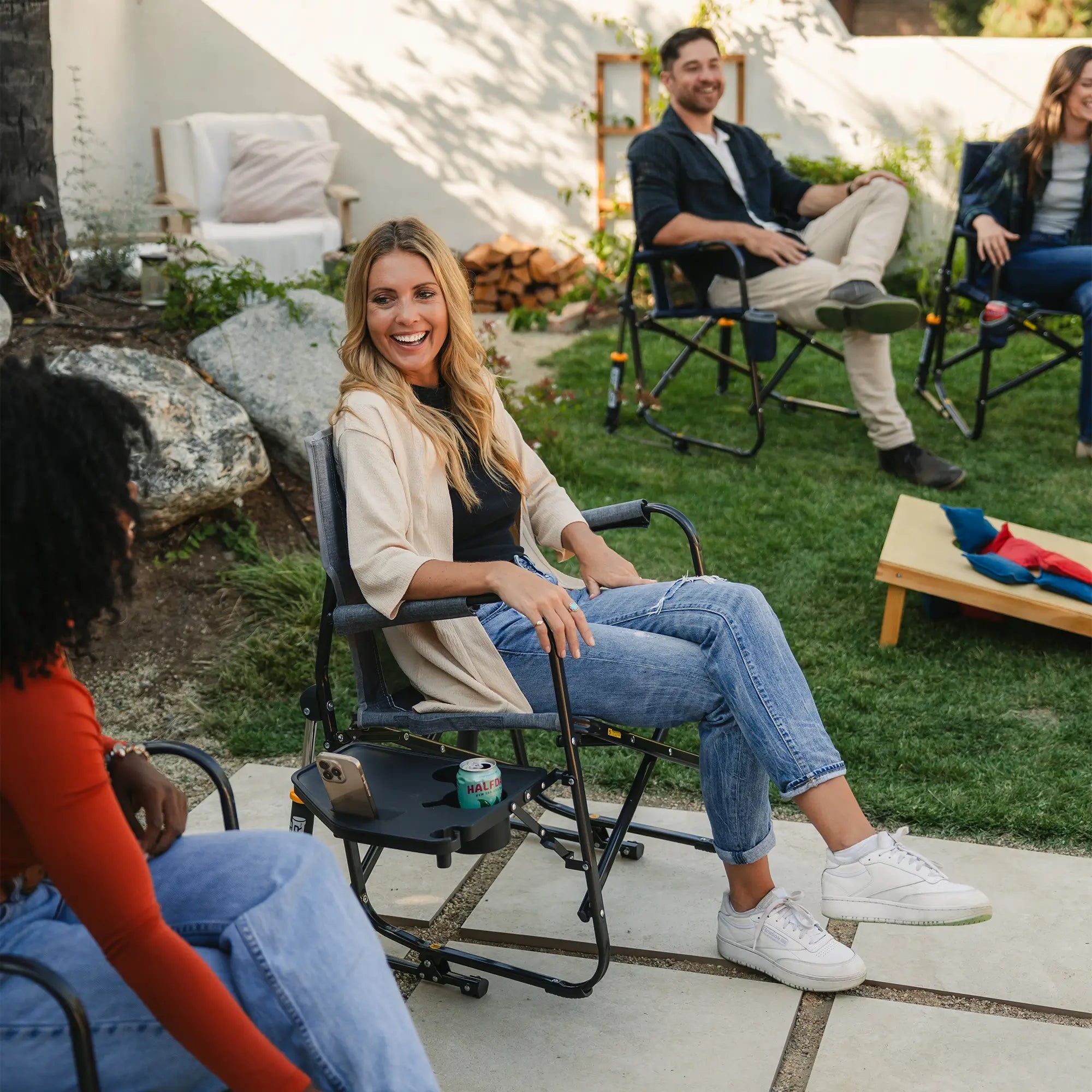 Premium All-Weather Freestyle Rocker with Side Table - Choice 853 - Heavy-Duty Kickback Rocker with Beverage Holder Detail