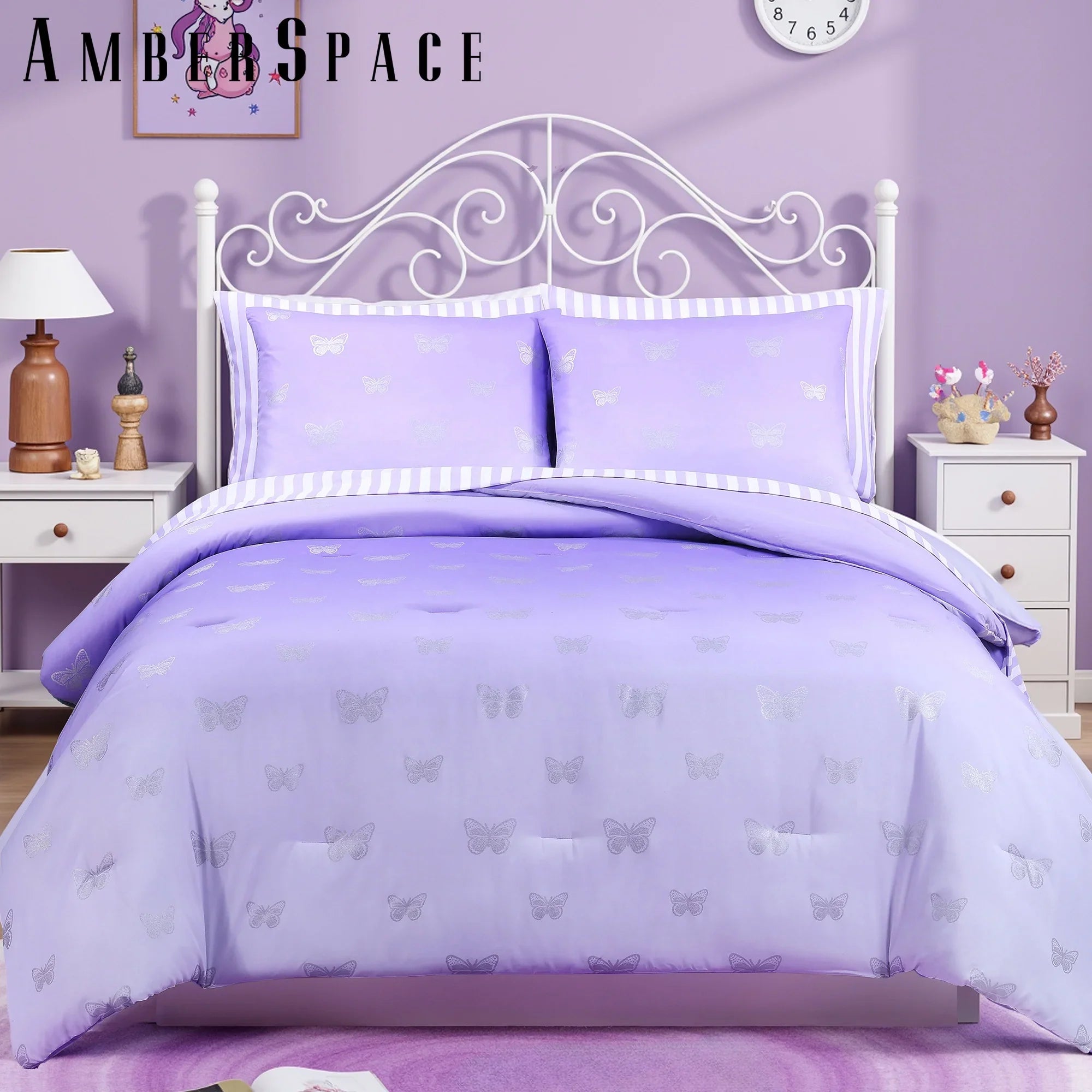 Luxurious Quilted gold foil Design 7-piece Bed in a Bag Comforter Set with Sheets,Purple/Silver Butterflies,Full - Luxurious Quilted Duvet Cover Set - Default Title
