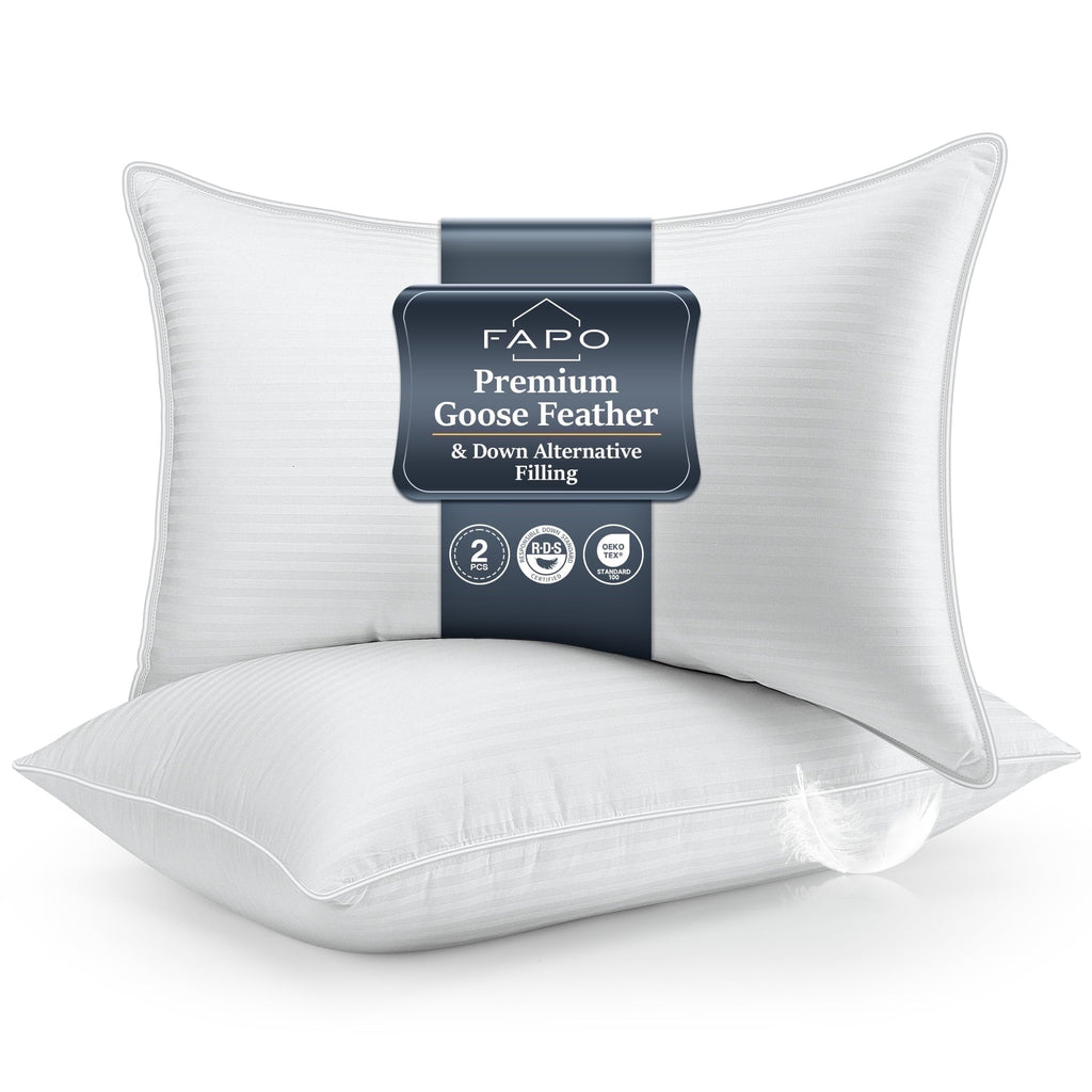 Decorative Plump Goose Feather Pillows Queen Size Set of 2, Hotel Down Bed Pillow for Sleeping,Soft 600 TC Cotton Cover - Ergonomic Memory Foam Pillow for Neck Pain Support - Default Title