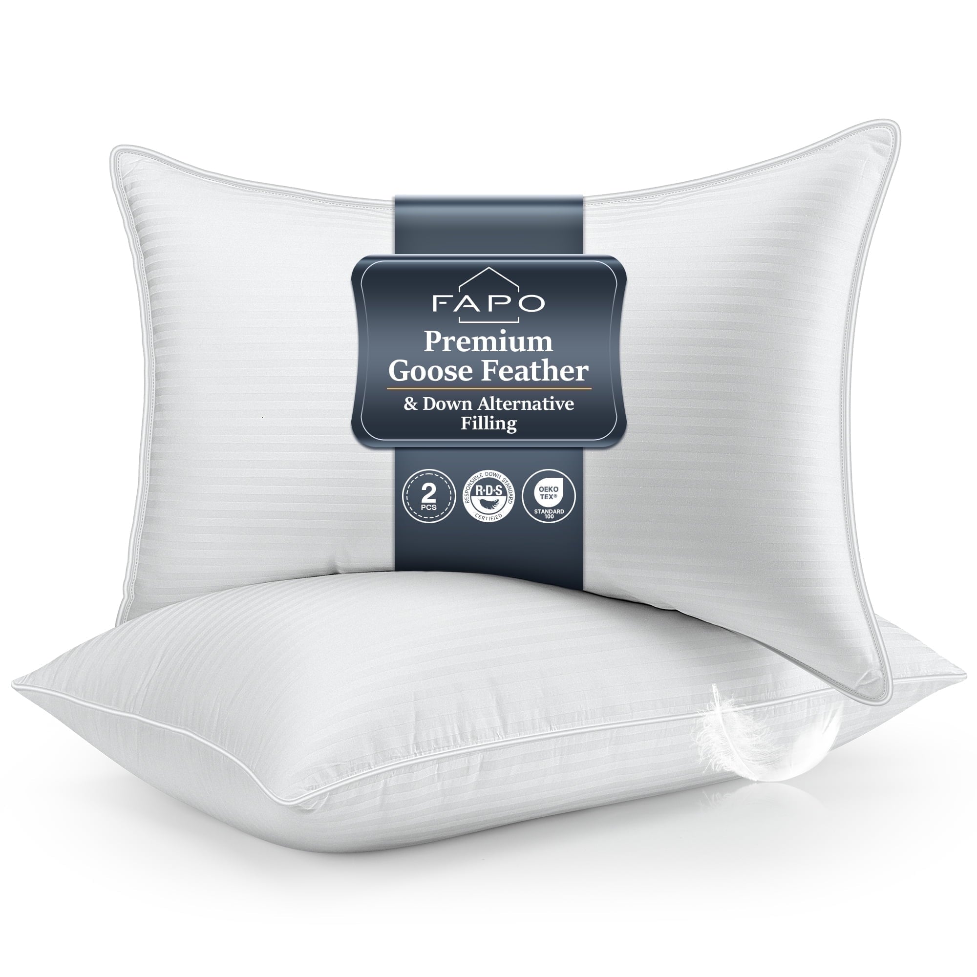 Decorative Plump Goose Feather Pillows Queen Size Set of 2, Hotel Down Bed Pillow for Sleeping,Soft 600 TC Cotton Cover - Ergonomic Memory Foam Pillow for Neck Pain Support - Default Title