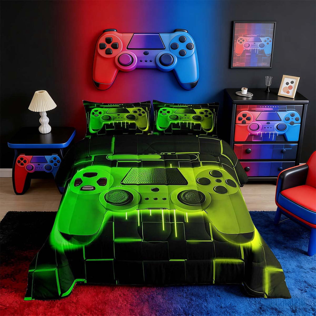 Fluffy Down Alternative Green Yellow Gaming Full Size Comforter Sets - Gamer Comforter Full Size Bedding Set, Neon Lights Abstract Geometry D... - Cloud-Like Soft Lightweight Bed Comforter - Default Title