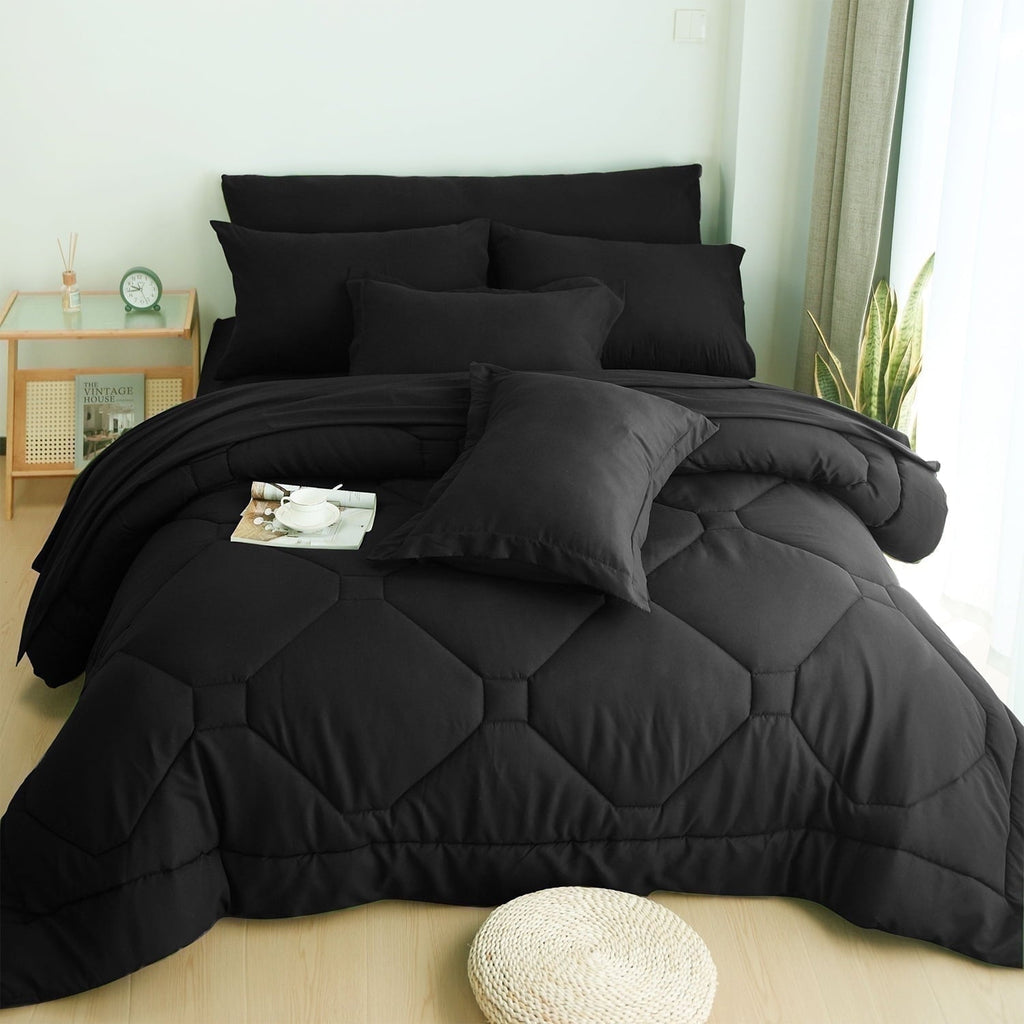 Heavyweight Warmth 8 PCS Modern Comforter Set with Sheets All Season Bed in a Bag, Black, Queen Size - Luxurious Quilted Duvet Cover Set - Default Title