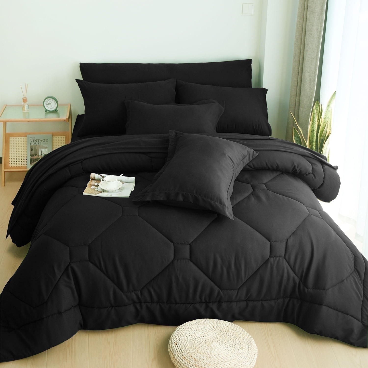 Heavyweight Warmth 8 PCS Modern Comforter Set with Sheets All Season Bed in a Bag, Black, Queen Size - Luxurious Quilted Duvet Cover Set - Default Title