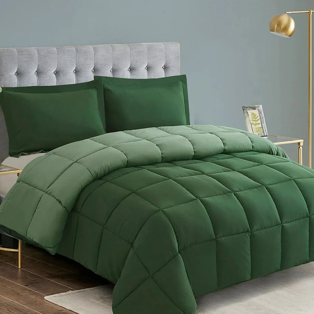 Luxurious Quilted Light Weight Down Alternative Comforter Set, Queen, Green, Reversible - All-Season Down Alternative Comforter Insert - Default Title