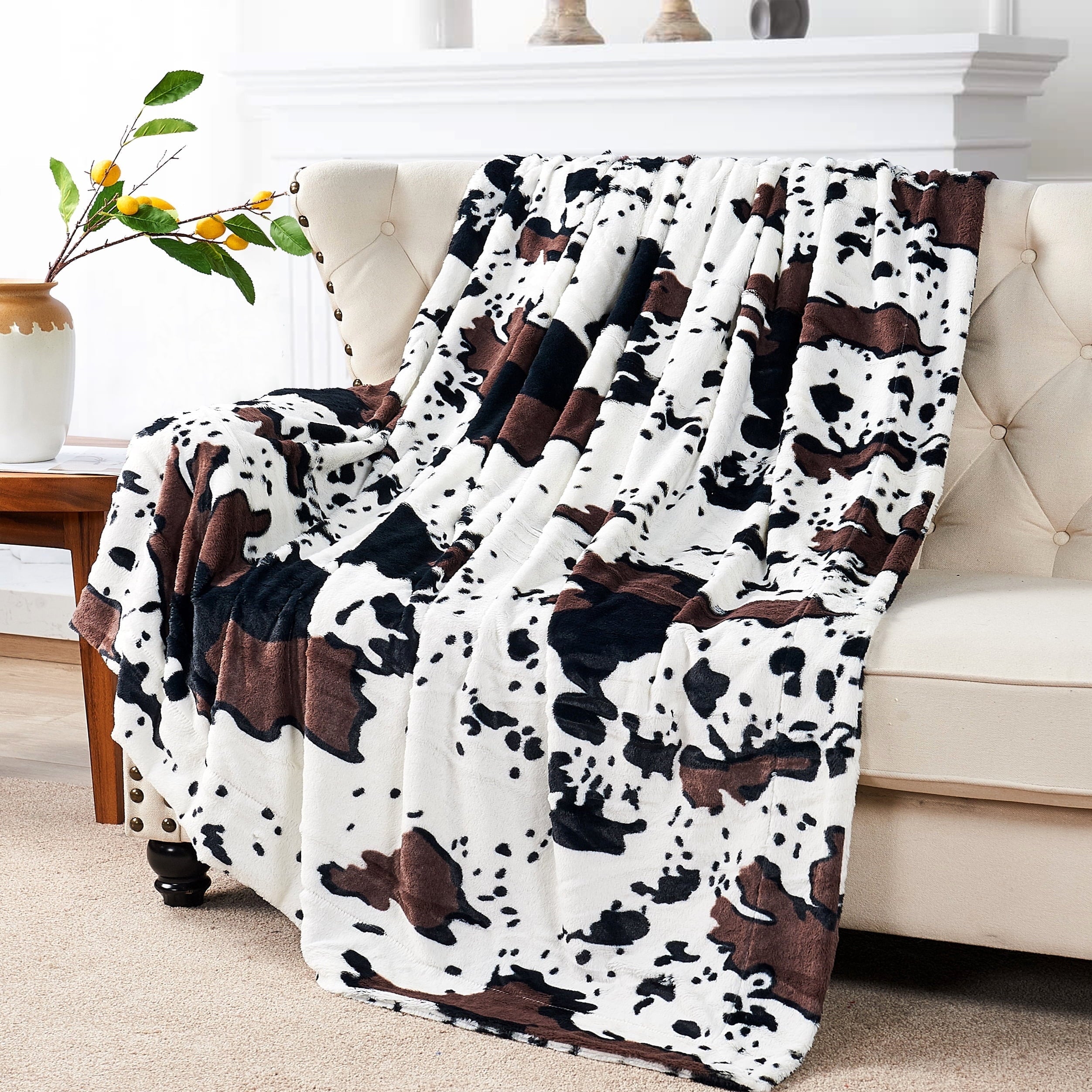 Lightweight Warm Cow Print Double Sided Faux Fur Throw Blanket, Soft Cozy Fuzzy Black and White Throw, 50x60 inches - Cozy Fleece Throw Blanket for Couch & Bed - Default Title