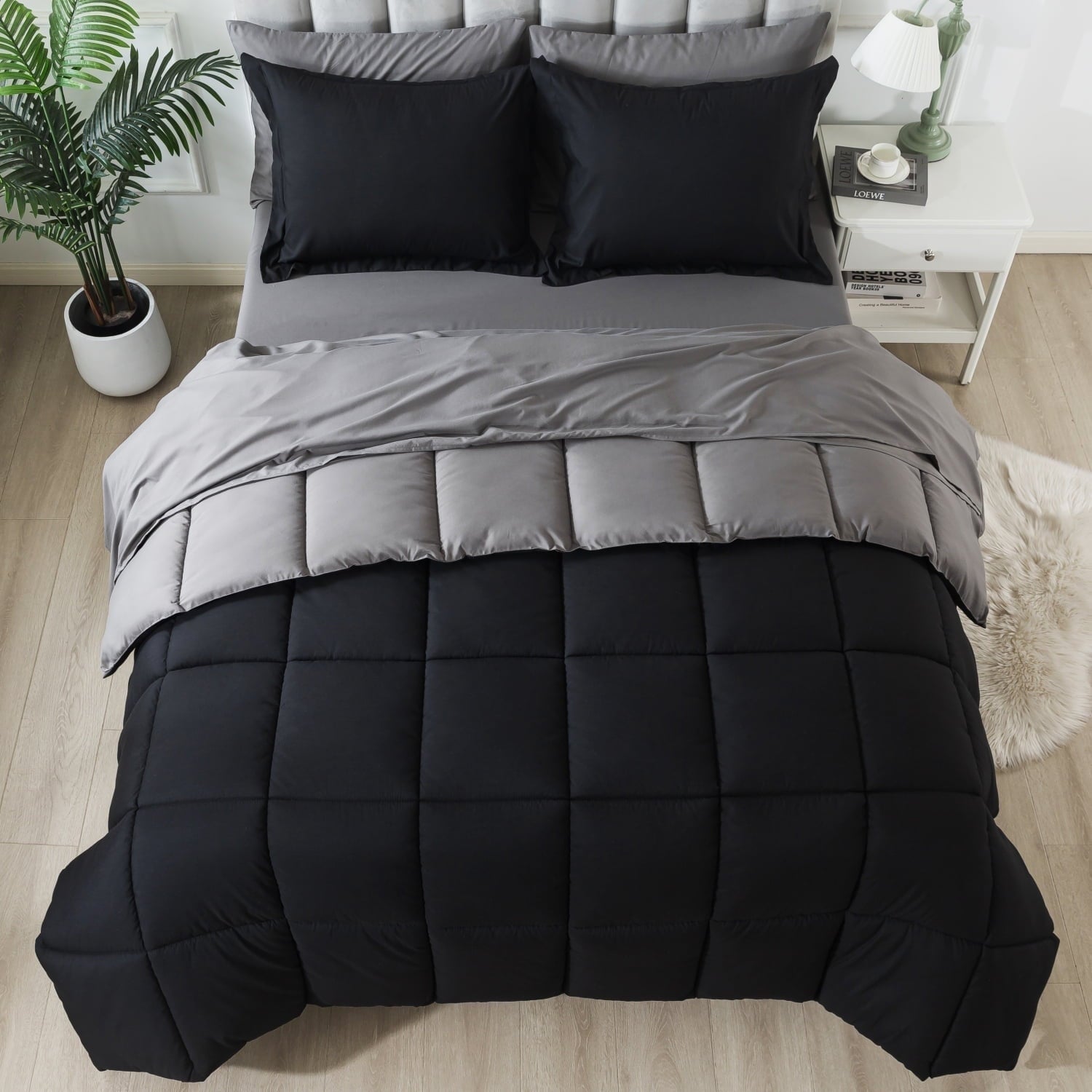 Luxurious Quilted Queen Size 7 Piece Comforter Set | Bed in a Bag for Unisex Adult | Black/Gray - Hypoallergenic Ultra-Fluffy Quilt for Winter - Default Title
