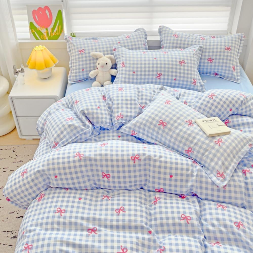 Heavyweight Warmth 3-Piece Blue Plaid Pink Bows Comforter Full Set , Cute Soft Bedding Set for Kids Adults - Hypoallergenic Ultra-Fluffy Quilt for Winter - Default Title