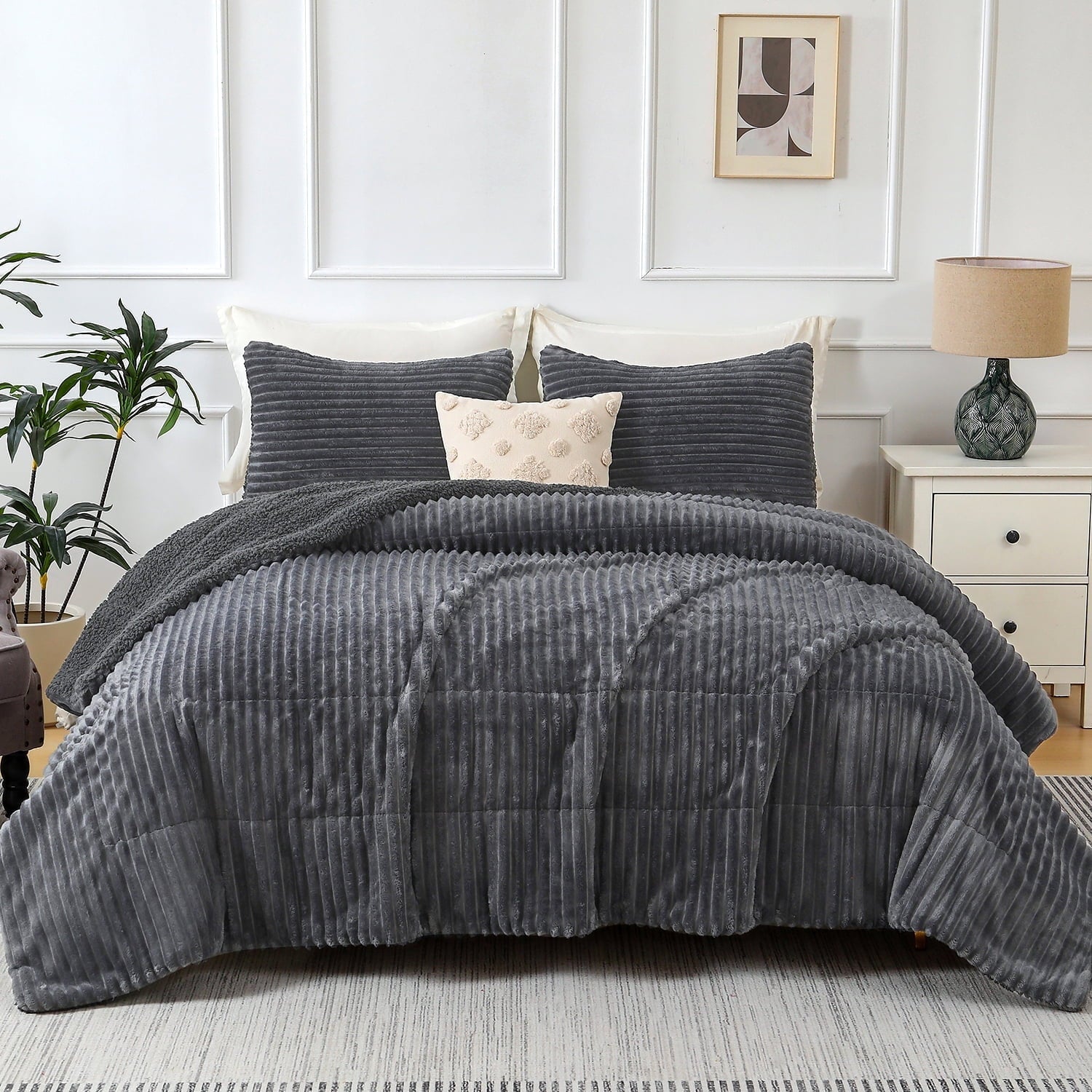 Hypoallergenic Cloud 3 Piece Fleece Queen Comforter Set - Soft & Warm Fluffy Dark Gray Sherpa Bedding , Fuzzy Heavy Double Sided Design Wi... - Luxurious Quilted Duvet Cover Set - Default Title