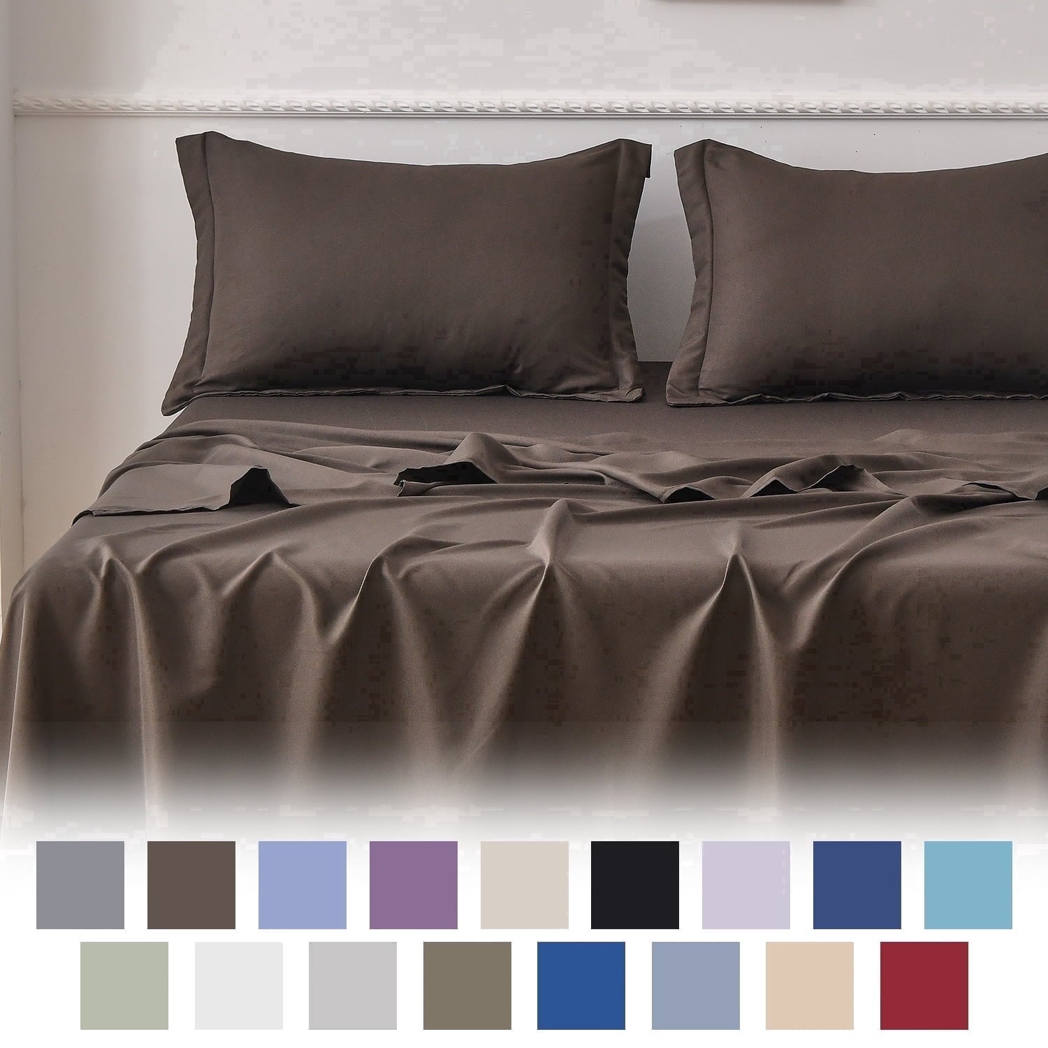 Cooling Sateen Bed Sheets Set 4 Piece Queen/Full Sheet Set Brown Gray Cotton Blend Fitted Sheet, Flat Sheet & 2 Pillowcases Bedding Set - Luxury Bed Sheet Set with Deep Pockets - Default Title