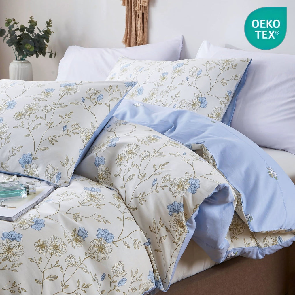 Luxurious Quilted Cotton Comforter Sets Queen Size, 3 Pieces Botanical Blue Floral Reversible Bedding Sets for Adults All Season - All-Season Down Alternative Comforter Insert - Default Title