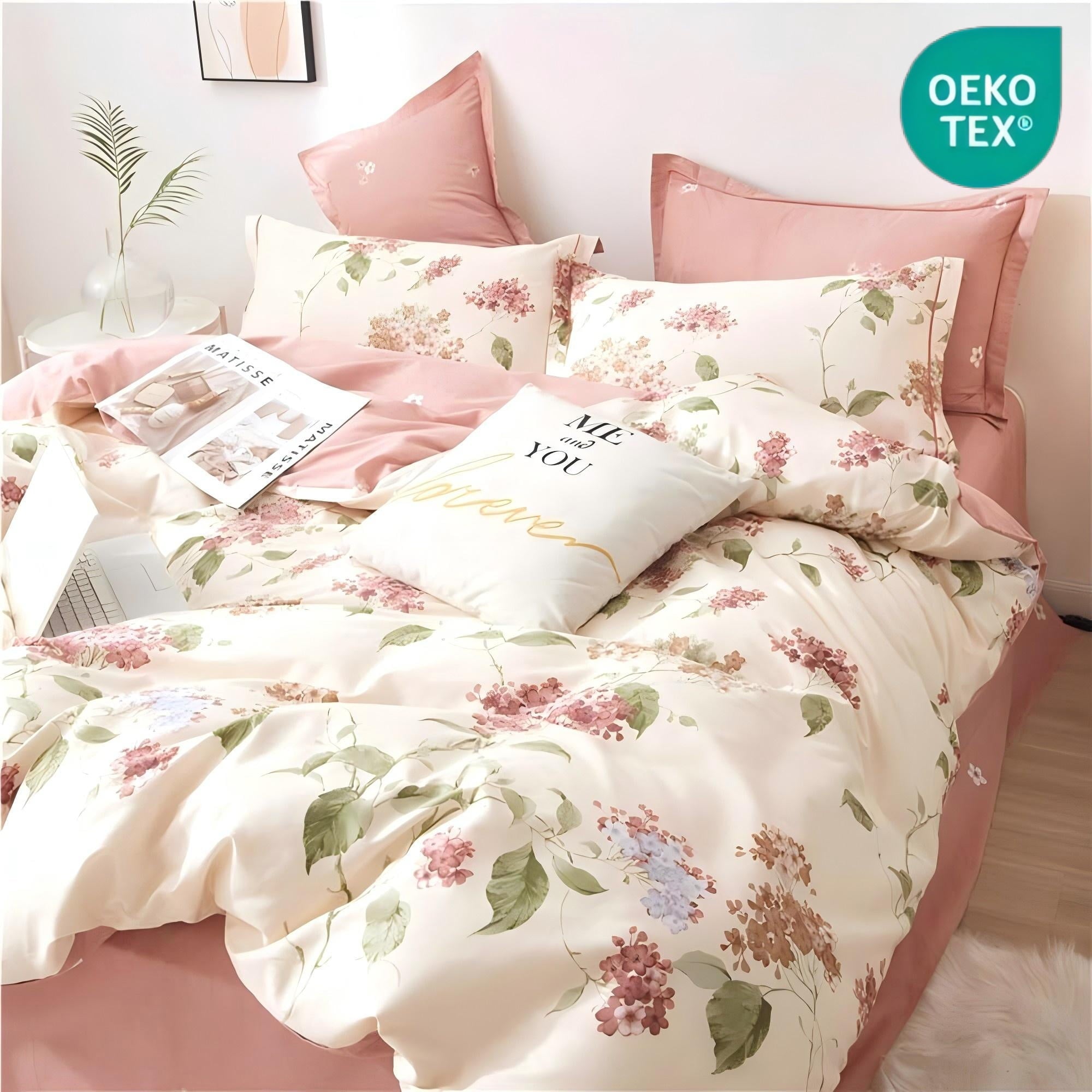 Hypoallergenic Cloud White with Pink Flowers King Comforter Sets, 3 Pieces Chic Garden Style Reversible Bedding Sets for Adults All Season - All-Season Down Alternative Comforter Insert - Default Title