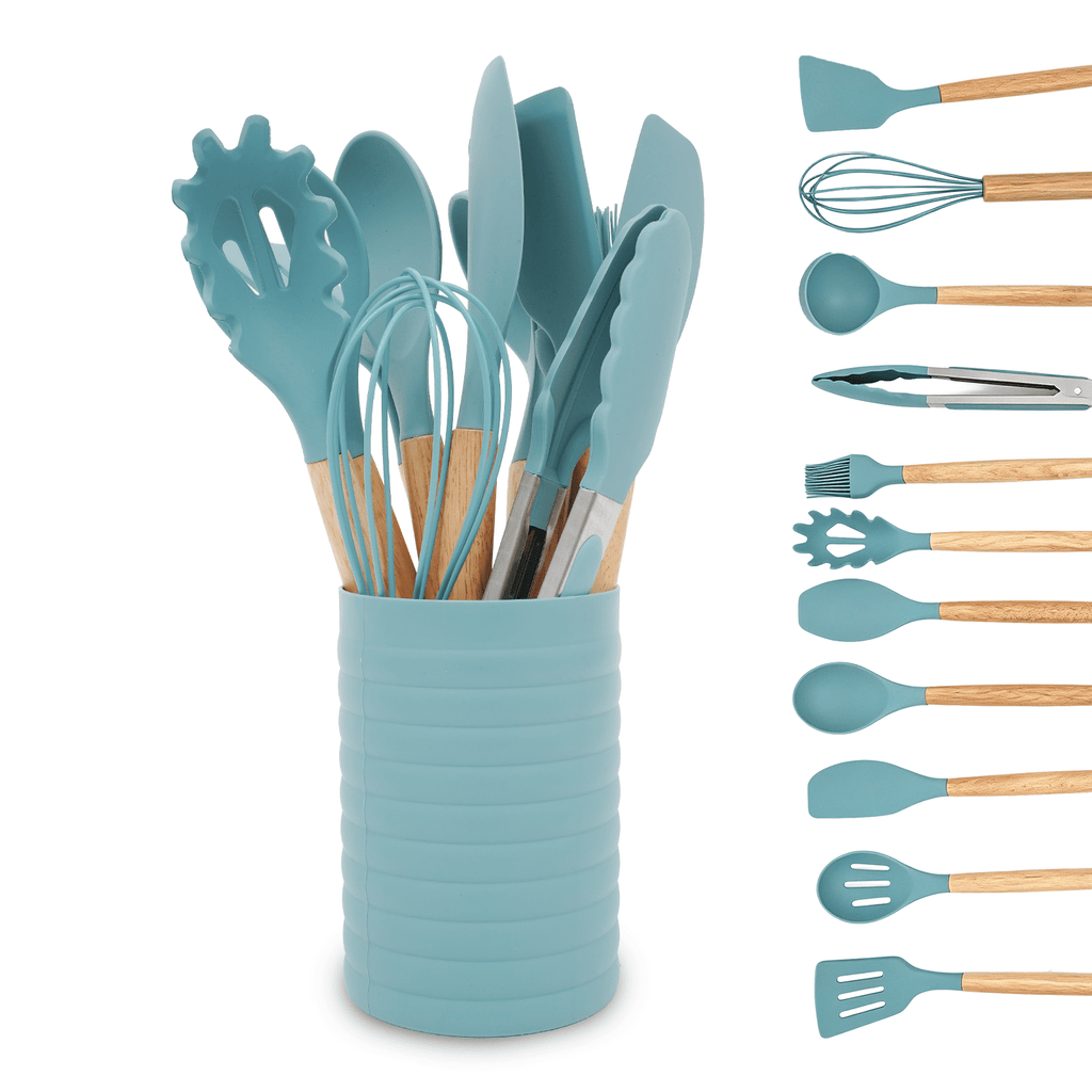 Ergonomic Cooking Small Silicone Cooking Utensils with Holder Set (12Pack), Aqua Kitchen Tools with Wooden Handle for Nonstick... - Durable Turner & Ladle Utensil Set for Home Chefs - Default Title