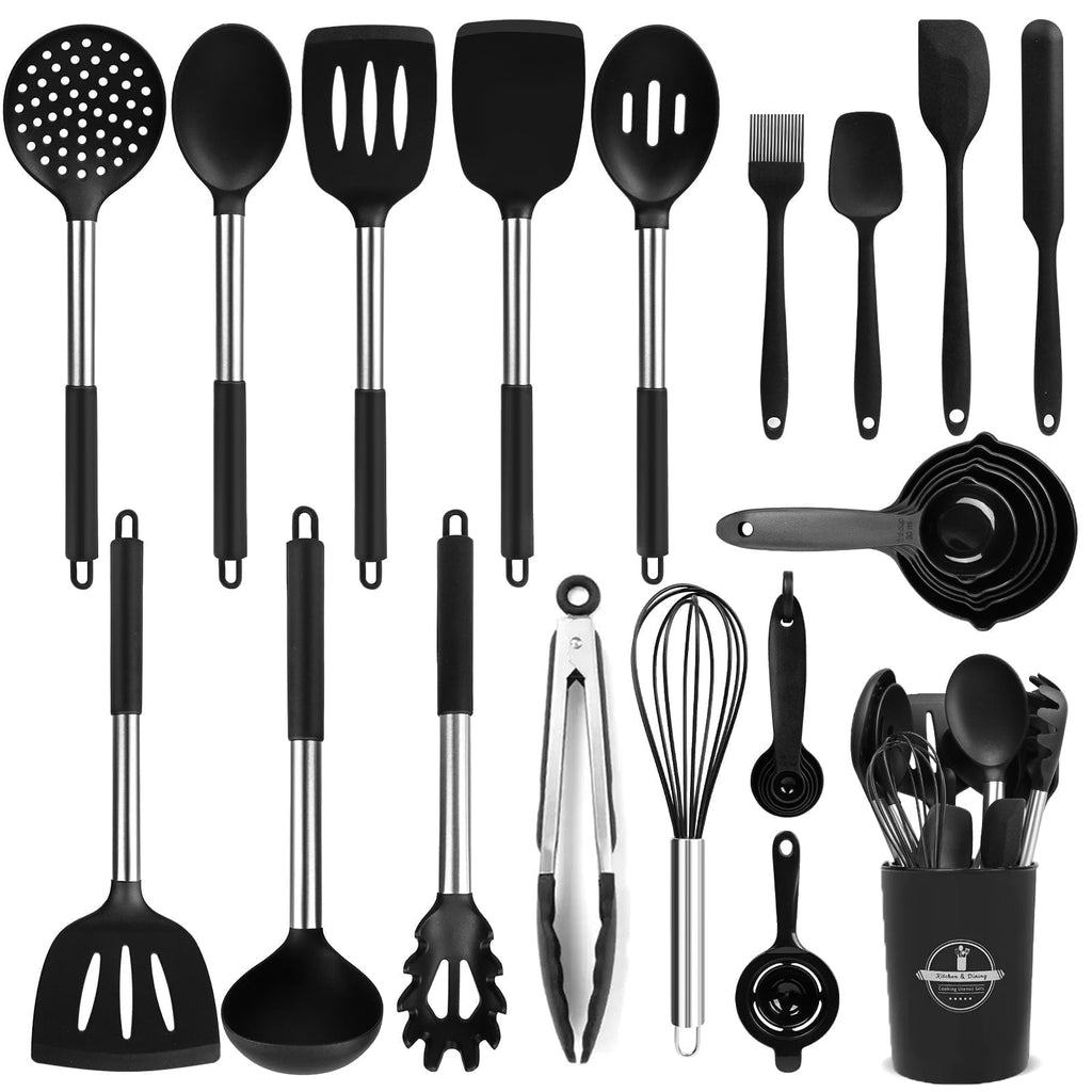 Heavy Duty Silicone Cooking Utensils Set, 26 Pcs, Heat Resistant Kitchen Utensils Set, Black - Multi-Purpose Hand Tool for Daily Meal Prep - Default Title