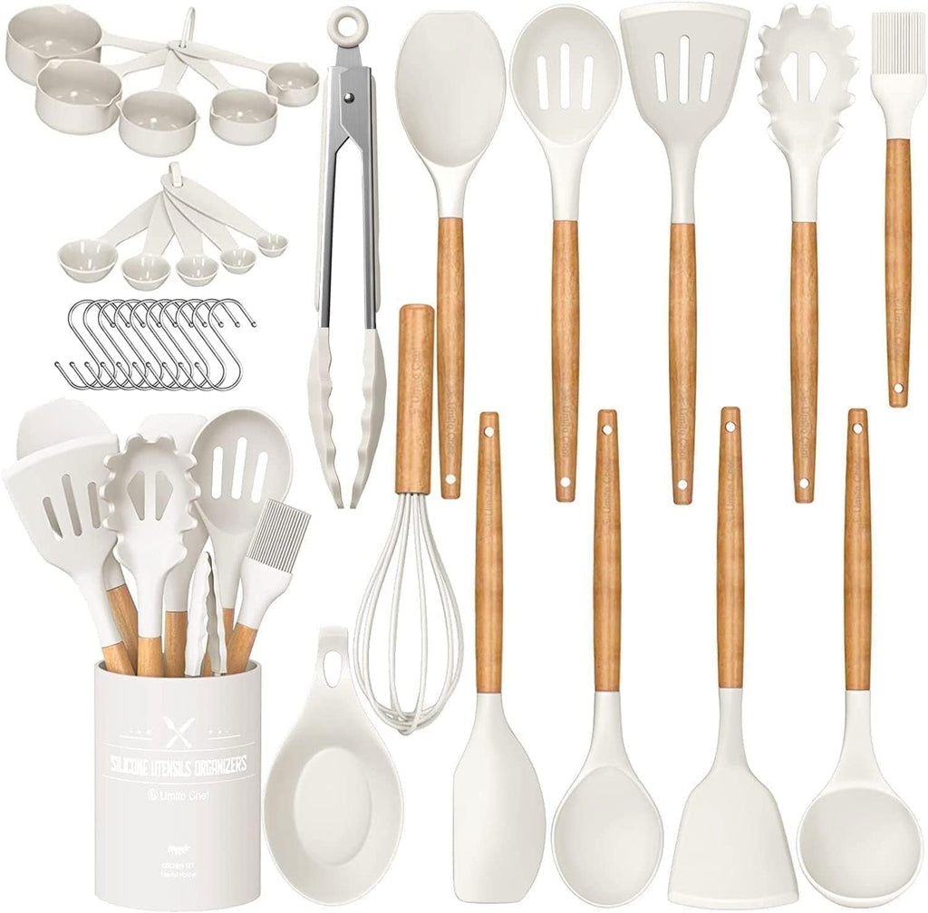 Premium Kitchen Kitchen Cooking Utensils Set, 33 pcs Non-stick Silicone Cooking Kitchen Utensils Spatula Set with Holder, Wooden Hand... - Multi-Functional Manual Food Chopper & Slicer - Default Title