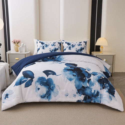 All-Season 3 Pieces Blue and White Floral Comforter Set King Size, Flower Bedding with Watercolor Flowers Pattern for Women, Rev... - All-Season Down Alternative Comforter Insert - Default Title