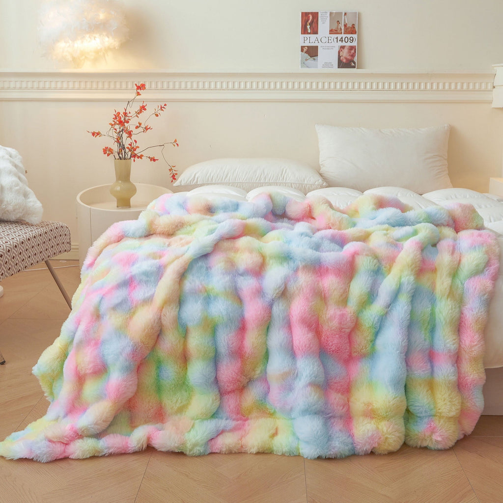 Lightweight Warm Fluffy Faux Rabbit Fur Bubble Throw, Rainbow Plush Shaggy Blanket for Couch Sofa Chair, Soft Tie Dye Furry Blanket Ad... - Cozy Fleece Throw Blanket for Couch & Bed - Default Title