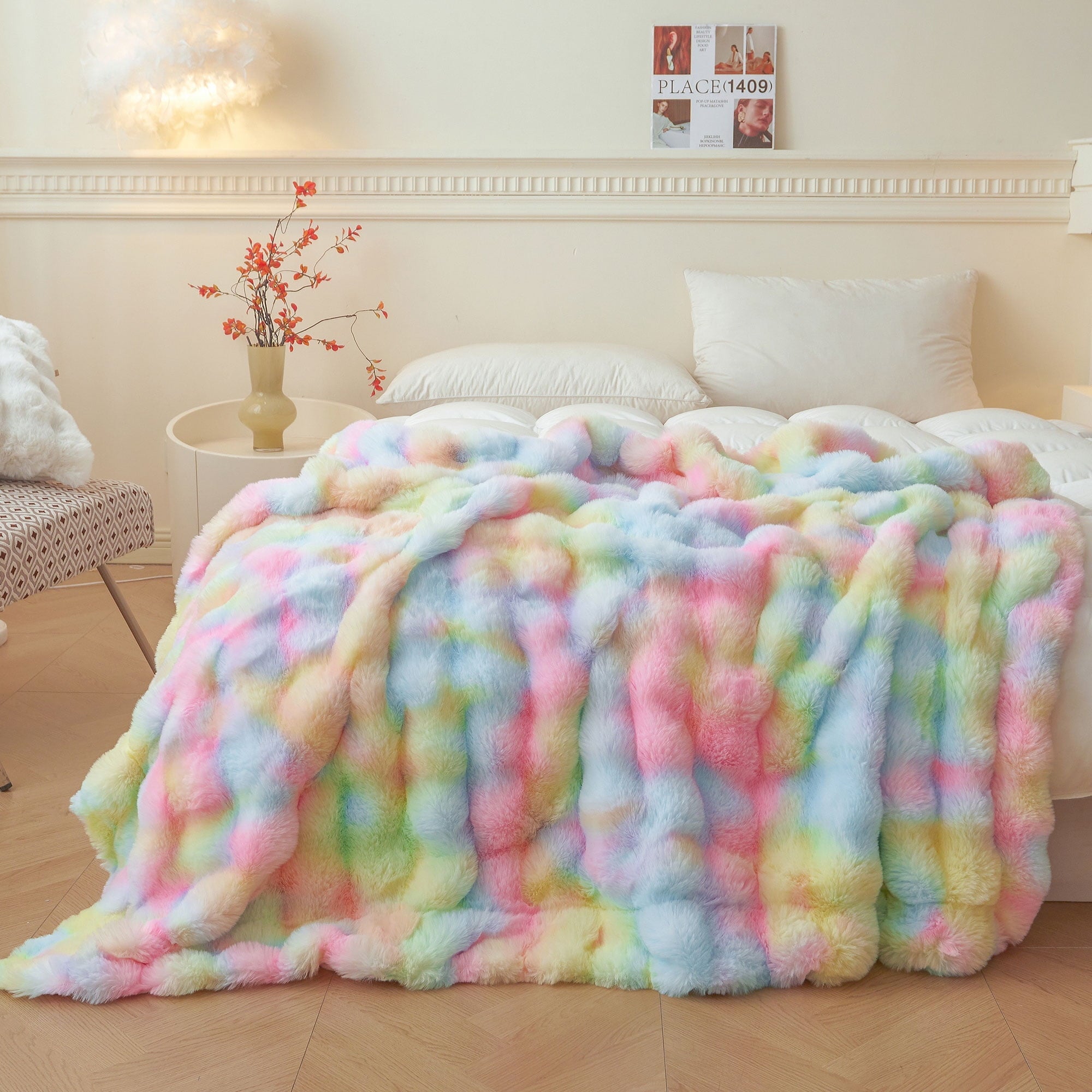 Lightweight Warm Fluffy Faux Rabbit Fur Bubble Throw, Rainbow Plush Shaggy Blanket for Couch Sofa Chair, Soft Tie Dye Furry Blanket Ad... - Cozy Fleece Throw Blanket for Couch & Bed - Default Title