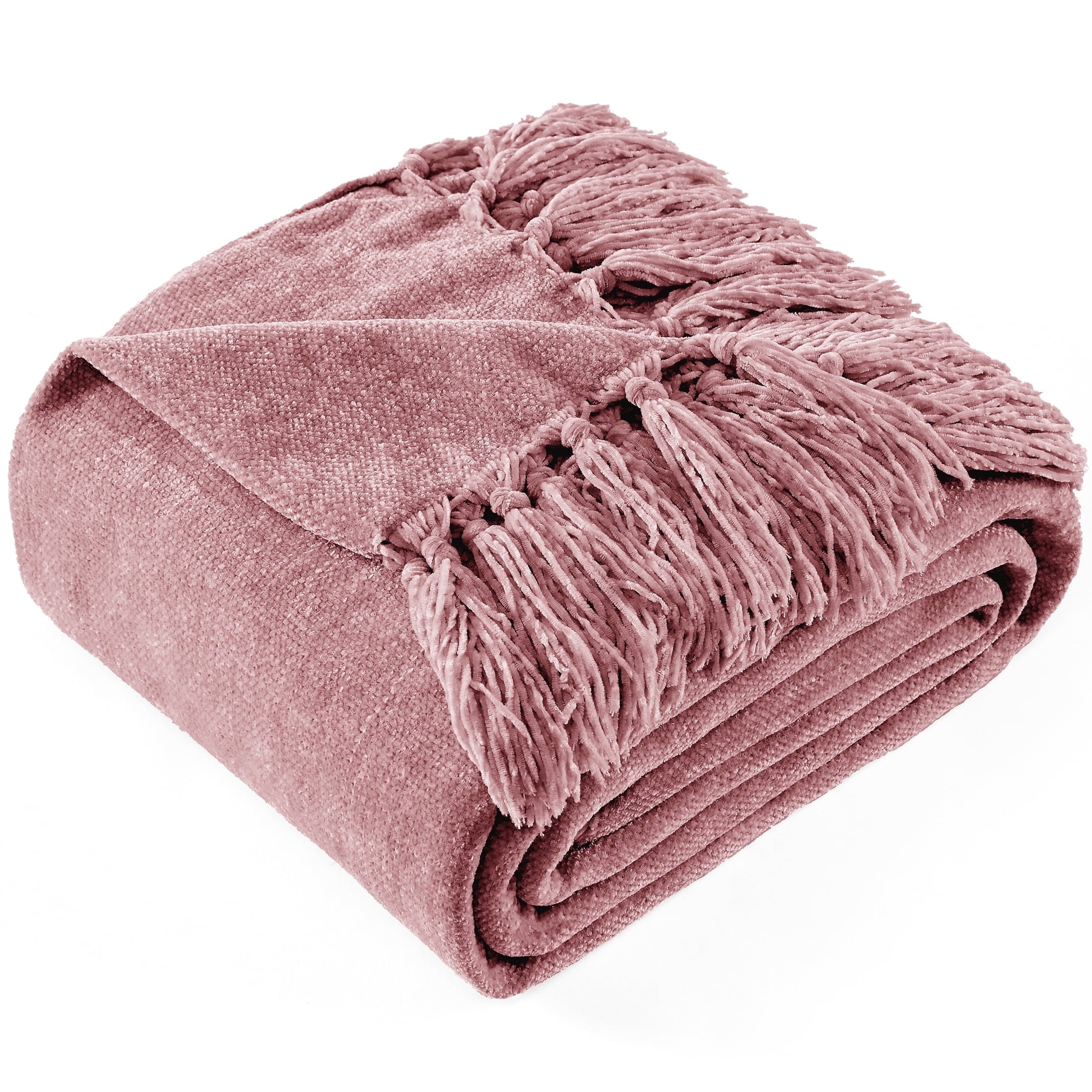 Reversible Sherpa Chenille Throw Blanket with Fringe Tassel for Couch Sofa Chair Bed, Mauve 50" X 70" - Luxury Knitted Decorative Throw Blanket with Fringes - Default Title
