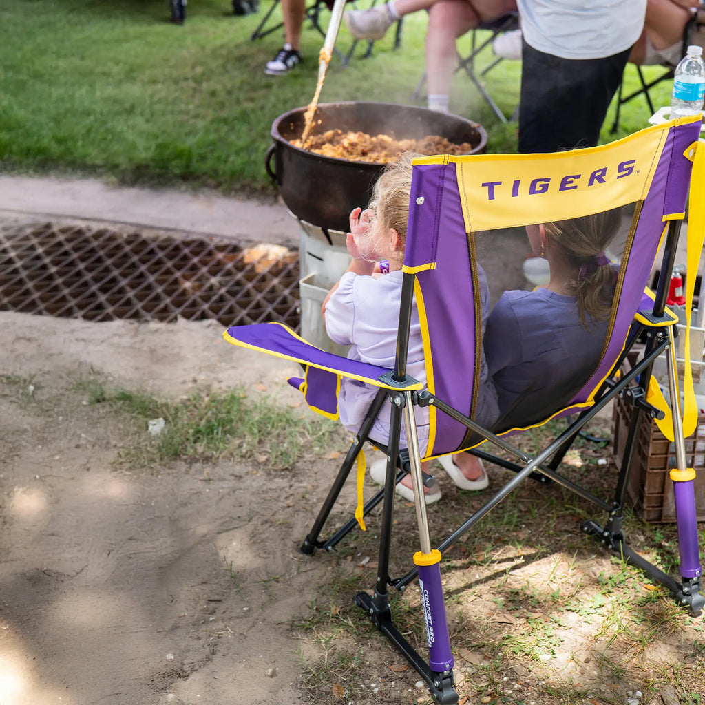 Premium All-Weather College Comfort Pro Rocker - LSU Tigers - Choice 880 - Heavy-Duty Kickback Rocker with Beverage Holder Detail