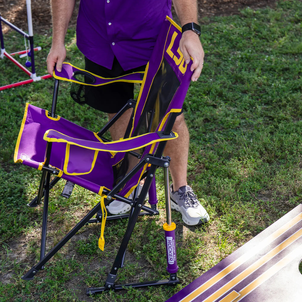 Premium All-Weather College Comfort Pro Rocker - LSU Tigers - Choice 880 - Heavy-Duty Kickback Rocker with Beverage Holder Detail