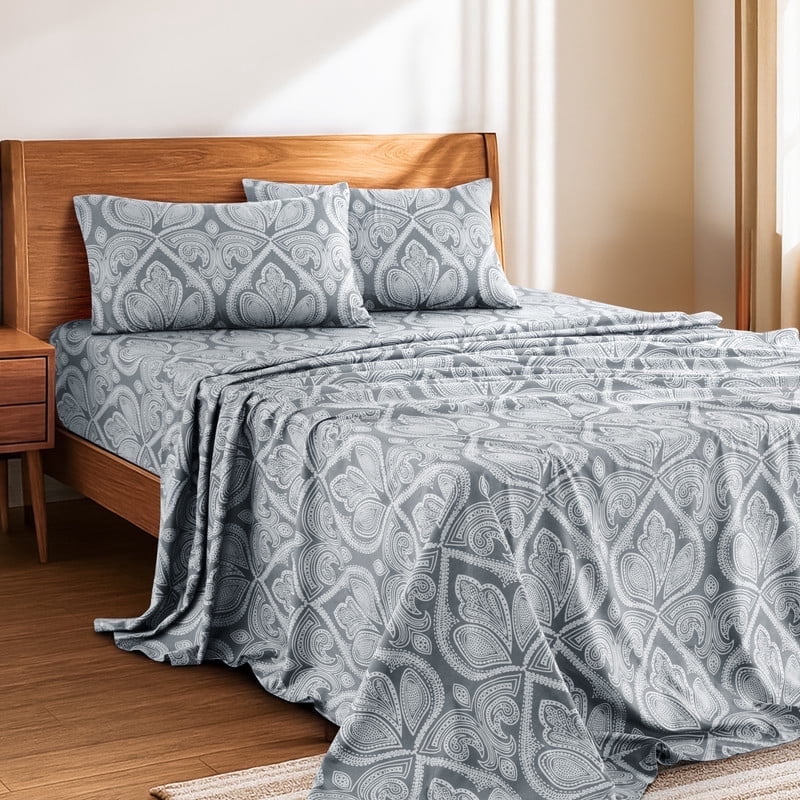 Ultra-Soft Lux Decor 4 Piece Queen Sheet Set, Brushed Microfiber Paisley Printed Bed Sheet Set with up to 16" Deep Pocket Fitted... - Premium Ultra-Soft Pillowcase Pair for Sleeping - Default Title