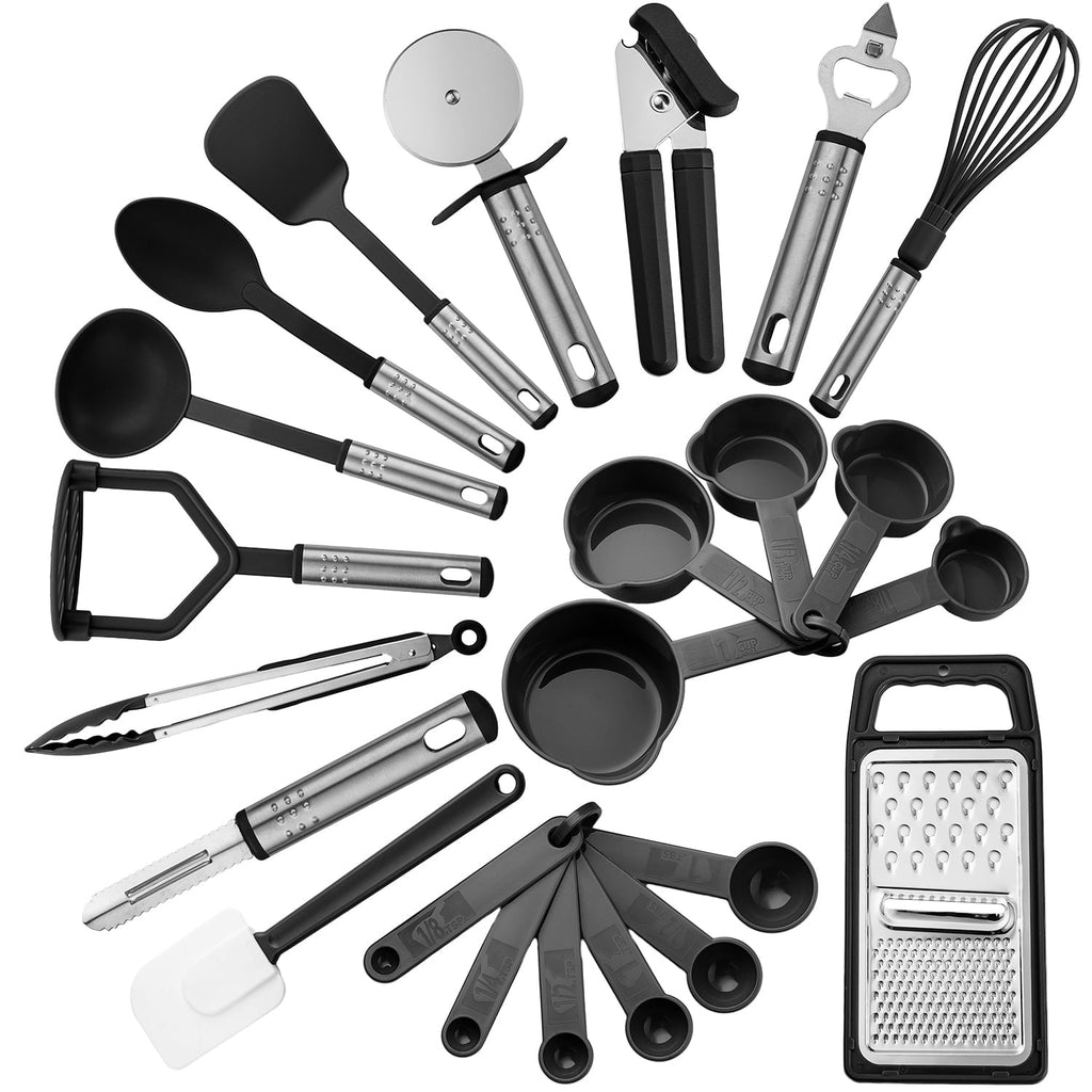 Premium Silicone 23 Piece Kitchen Utensils Set - Nylon and Stainless Steel Cooking Utensils Set - Black Utensil K... - Premium Stainless Steel Cooking Utensil for Non-Stick Pots - Default Title