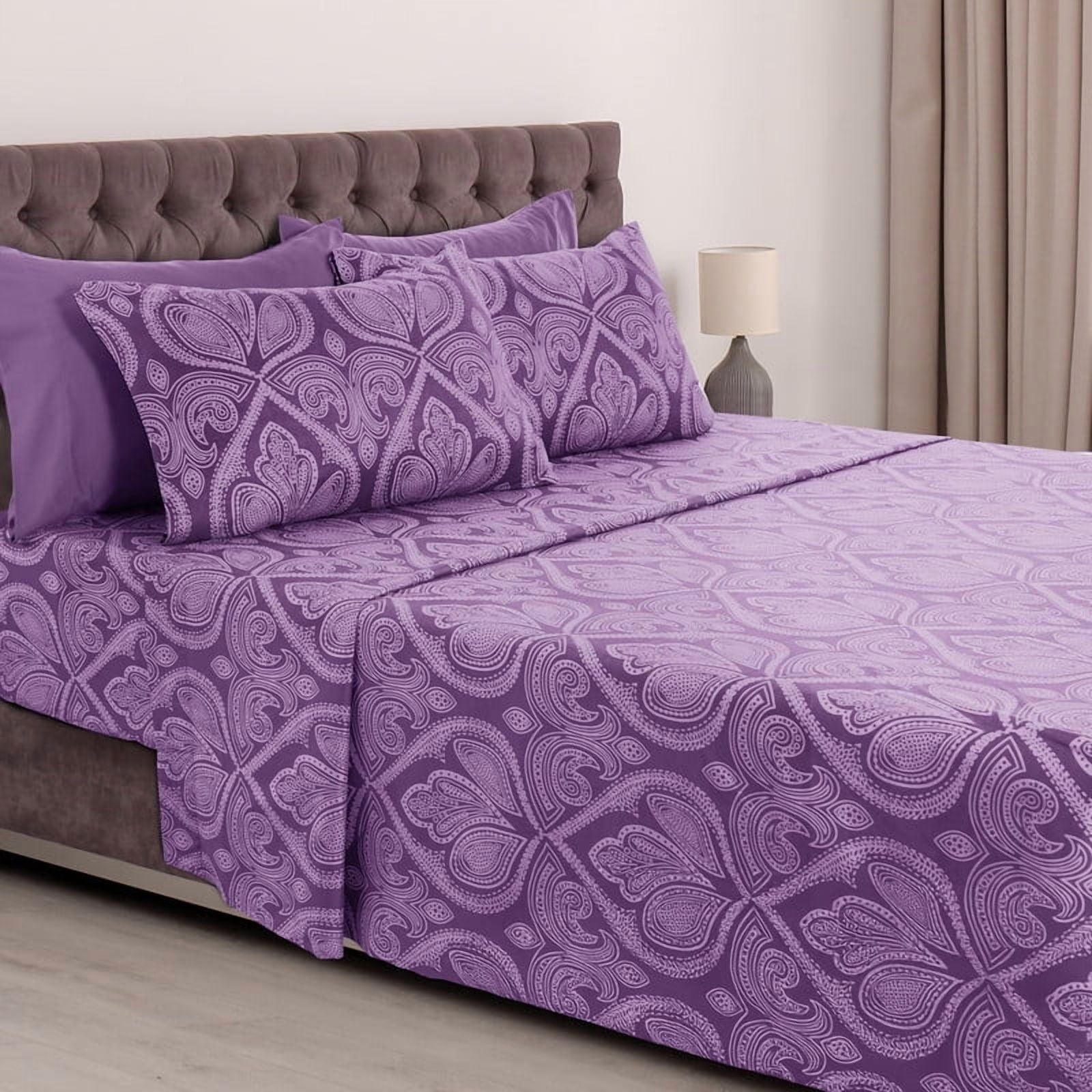 Breathable Luxury Paisley Printed Queen Bed Sheets Set, Microfiber 6 Piece Bedding Set - Purple - Premium Ultra-Soft Pillowcase Pair for Sleeping - Default Title